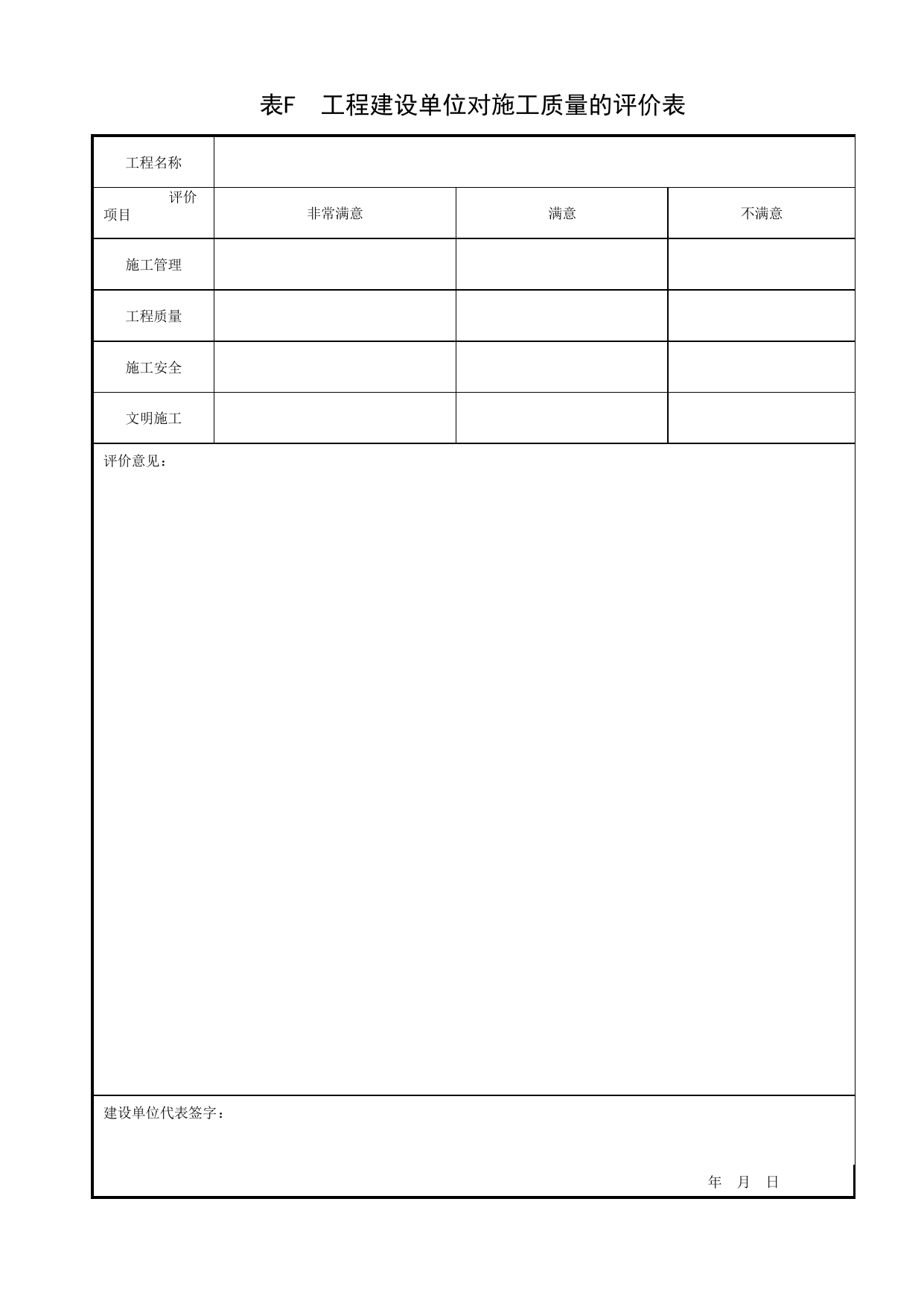 表F 工程建设单位对施工质量的评价表_建筑长城杯工程质量评审标准( DBll_T 1075-2014)_长城杯评审表_北京建筑资料库DB11-T695-2009 第 1 页