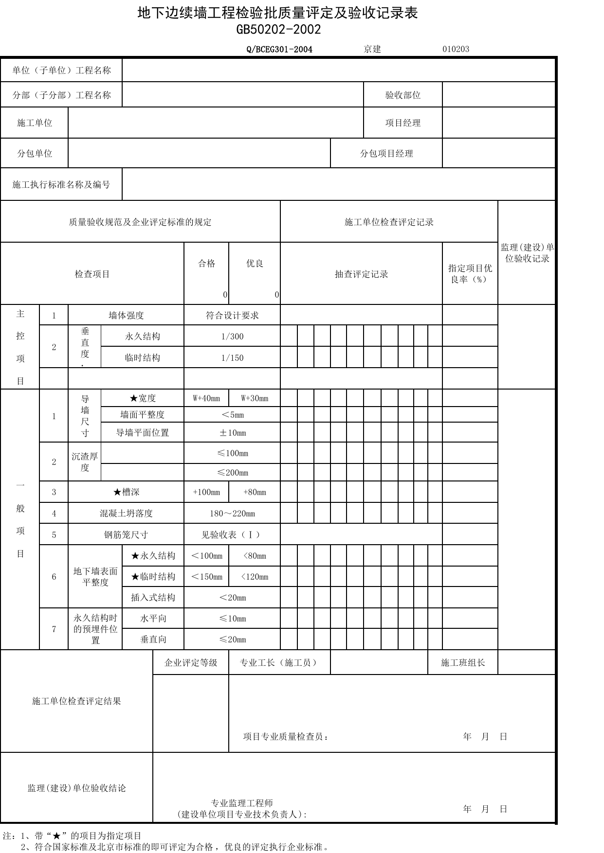 JG010203-2_地下边续墙工程检验批质量评定及验收记录表_JG0102_有支护土方_JG01地基与基础_JG检验批质量验收记录_(建工集团企业版)施工质量验收记录_北京建筑资料库DB11-T695-2009 第 1 页
