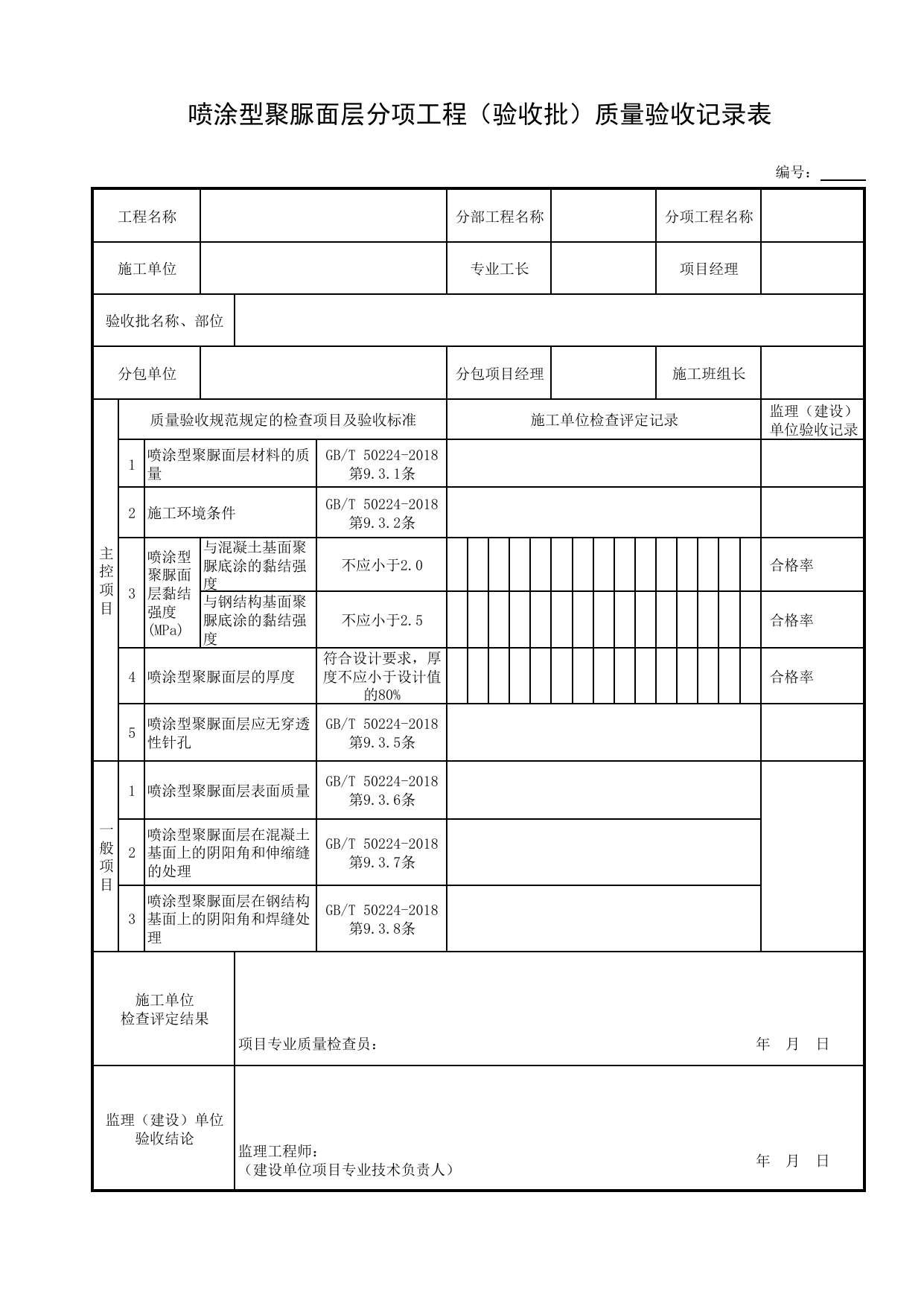 喷涂型聚脲面层分项工程(验收批)质量验收记录表_表面层_现浇混凝土结构_主体结构工程_给水排水构筑物工程施工及验收规范_给水排水构筑物工程(GB50141-2008)_地下管线工程 第 1 页