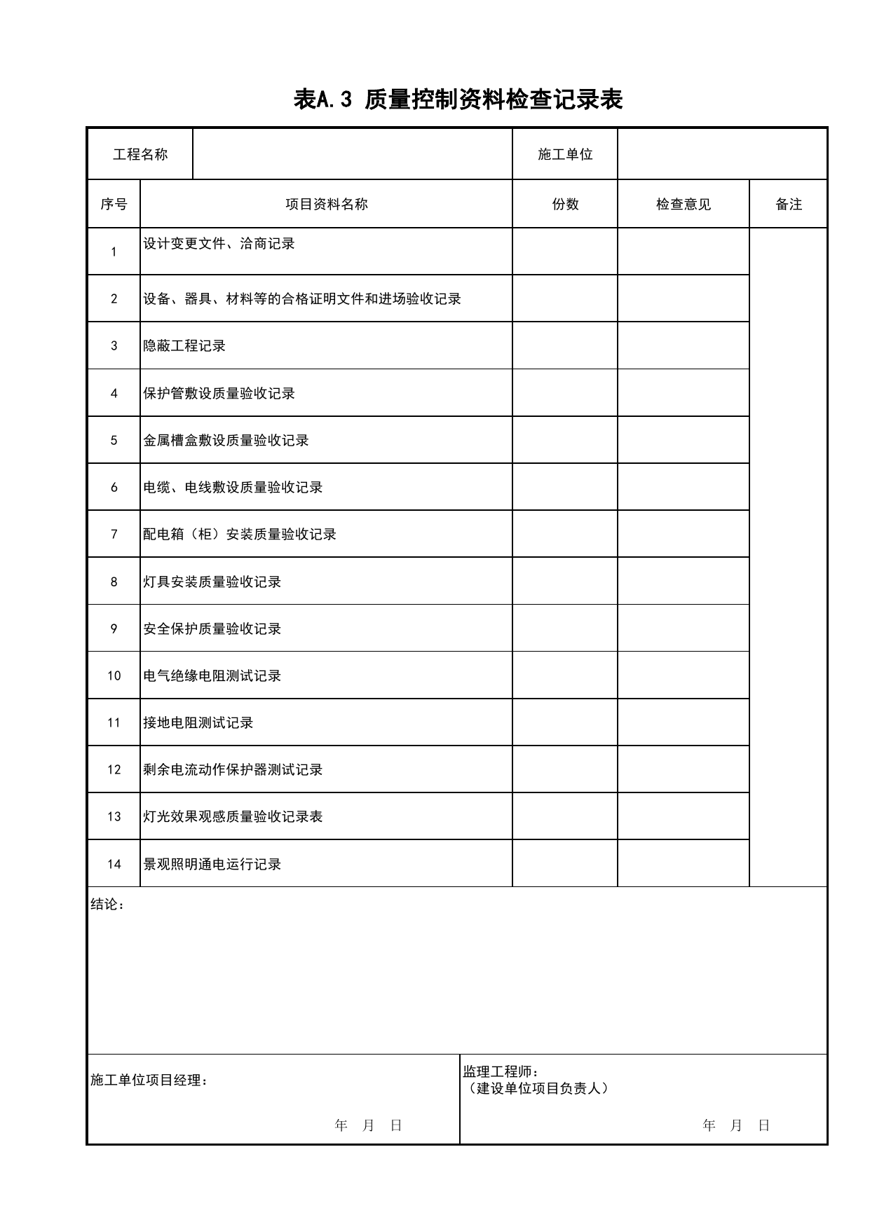 表A.3 质量控制资料检查记录表_景观照明工程(C7)_施工验收文件(C类)_施工单位文件_安徽省归档标准配套用表(DB34_T 4574-2023) 第 1 页