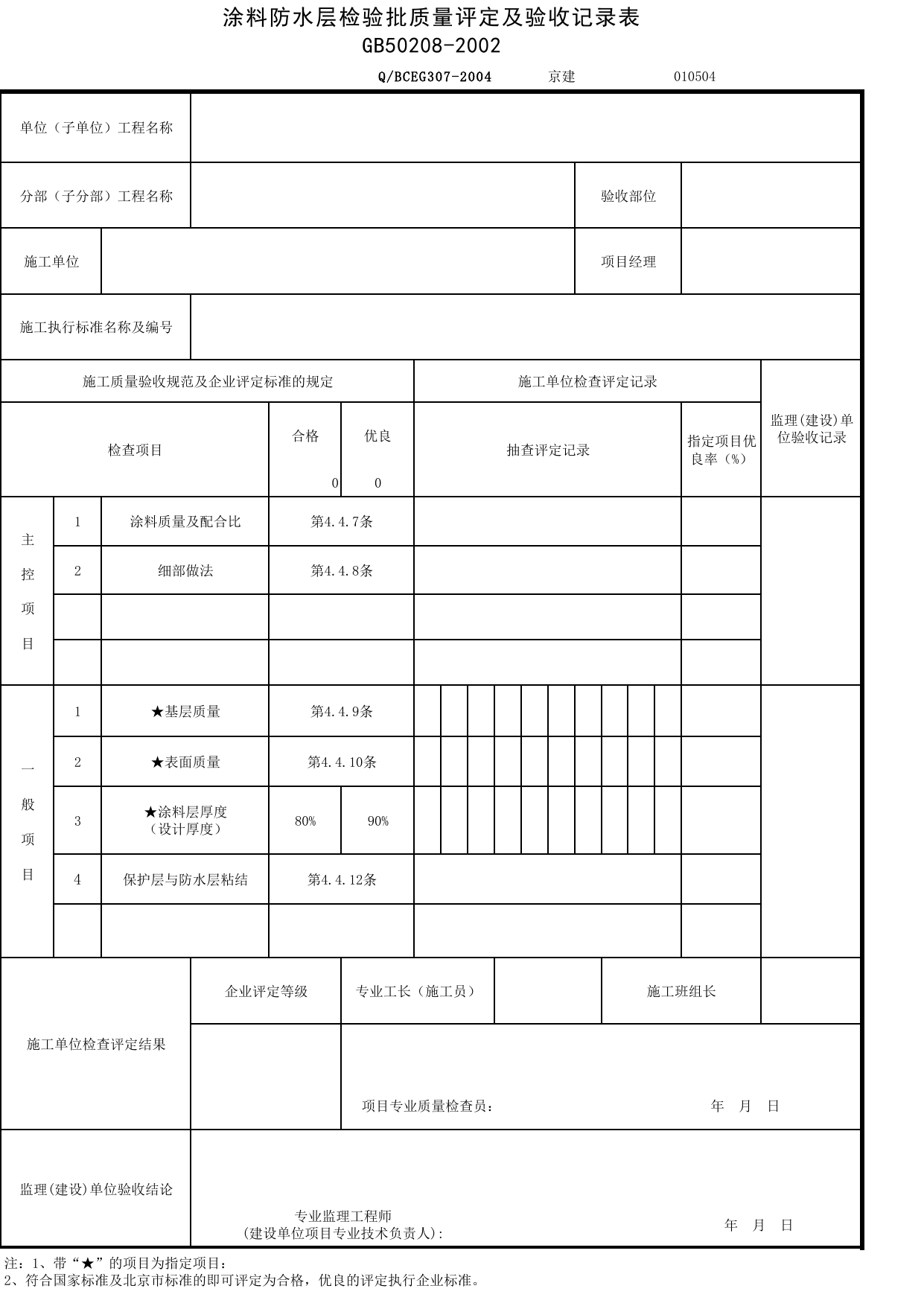JG010504_涂料防水层检验批质量评定及验收记录表_JG0105_地下防水_JG01地基与基础_JG检验批质量验收记录_(建工集团企业版)施工质量验收记录_北京建筑资料库DB11-T695-2009 第 1 页