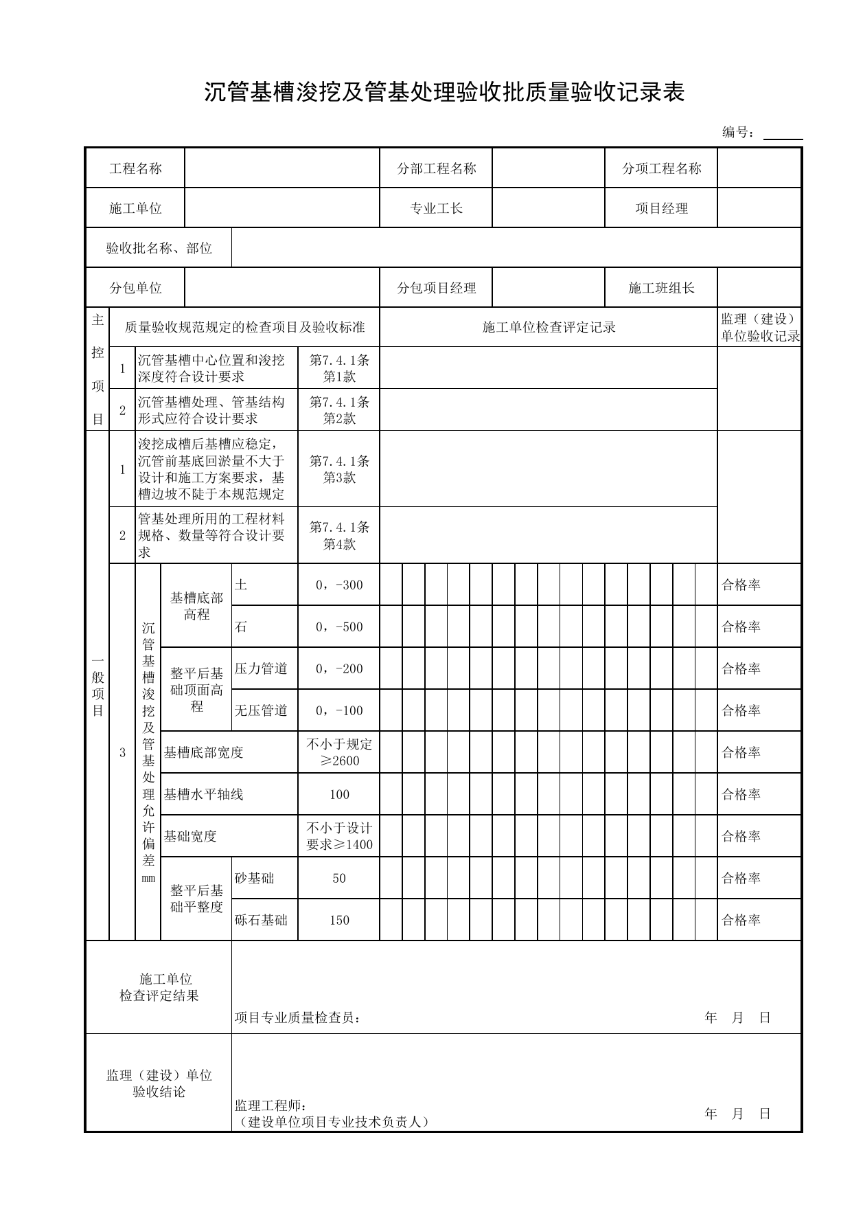 沉管基槽浚挖及管基处理验收批质量验收记录表_基槽浚挖及管基处理_预制钢筋混凝土沉管_沉管_管道主体工程_给排水管道工程施工及验收规范_给水排水管道工程(GB50268-2008)_地下管线工程 第 1 页