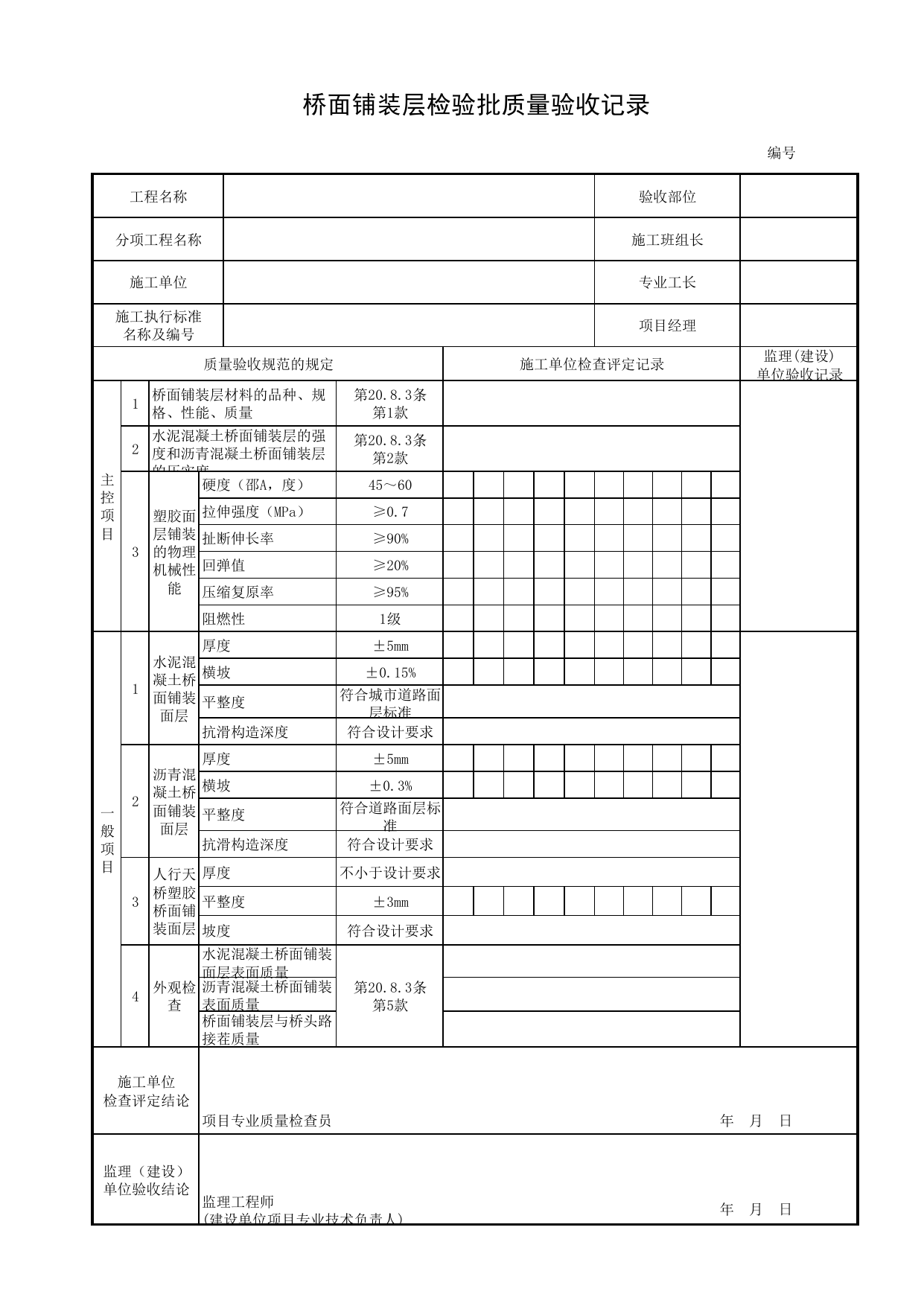 桥面铺装层检验批质量验收记录_桥面铺装层_桥面系_城市桥梁工程施工与质量验收规范_桥梁工程(CJJ2-2008) 第 1 页