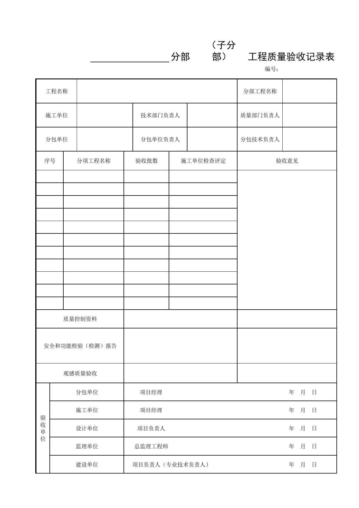 分部(子分部)工程质量验收记录表_通用表格_管线安装工程_厂(场)站工程(GB50334-2017) 第 1 页