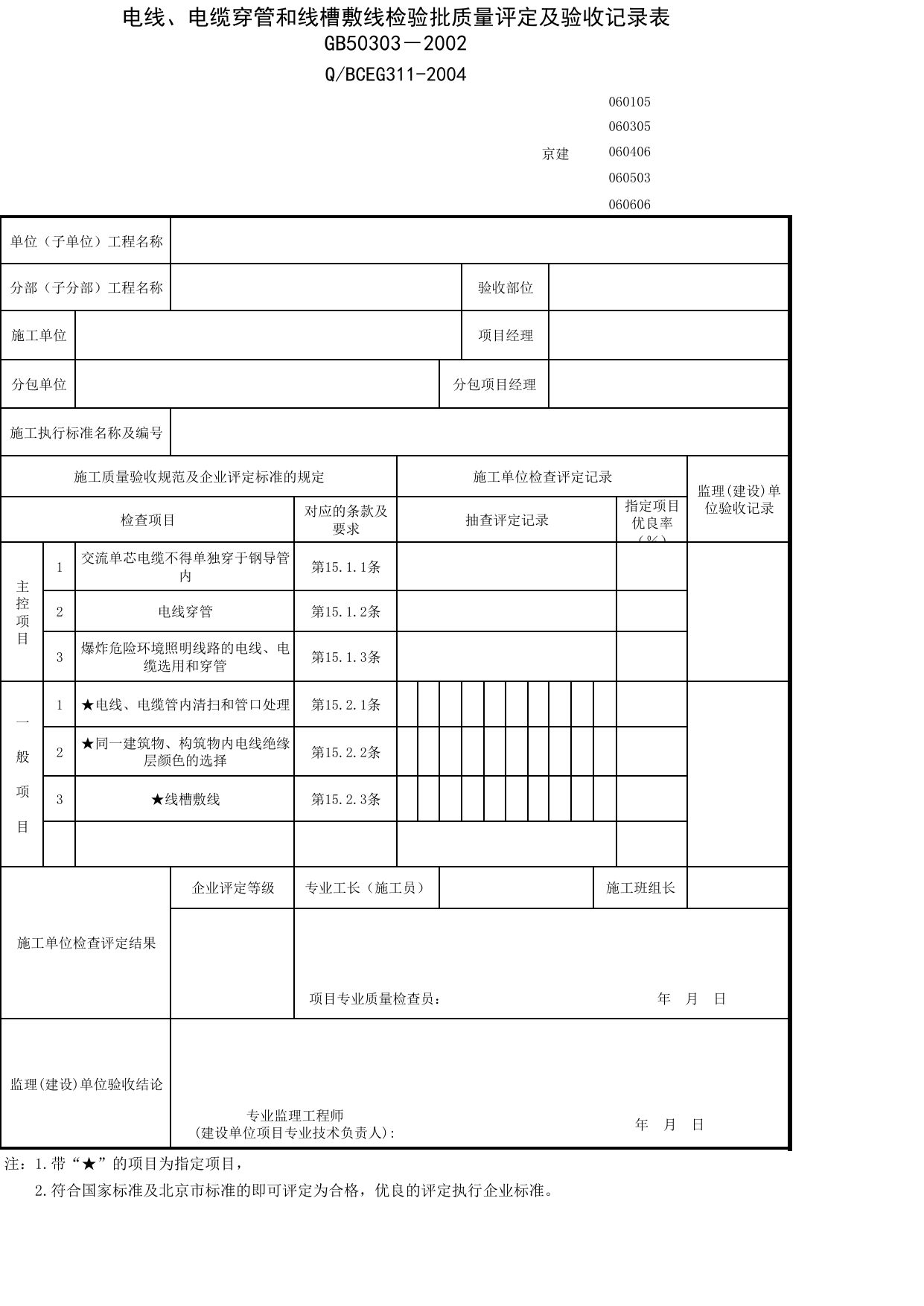 JG060305_电线、电缆穿管和线槽敷线检验批质量评定及验收记录表_JG0603_供电干线_JG06建筑电气_JG检验批质量验收记录_(建工集团企业版)施工质量验收记录_北京建筑资料库DB11-T695-2009 第 1 页