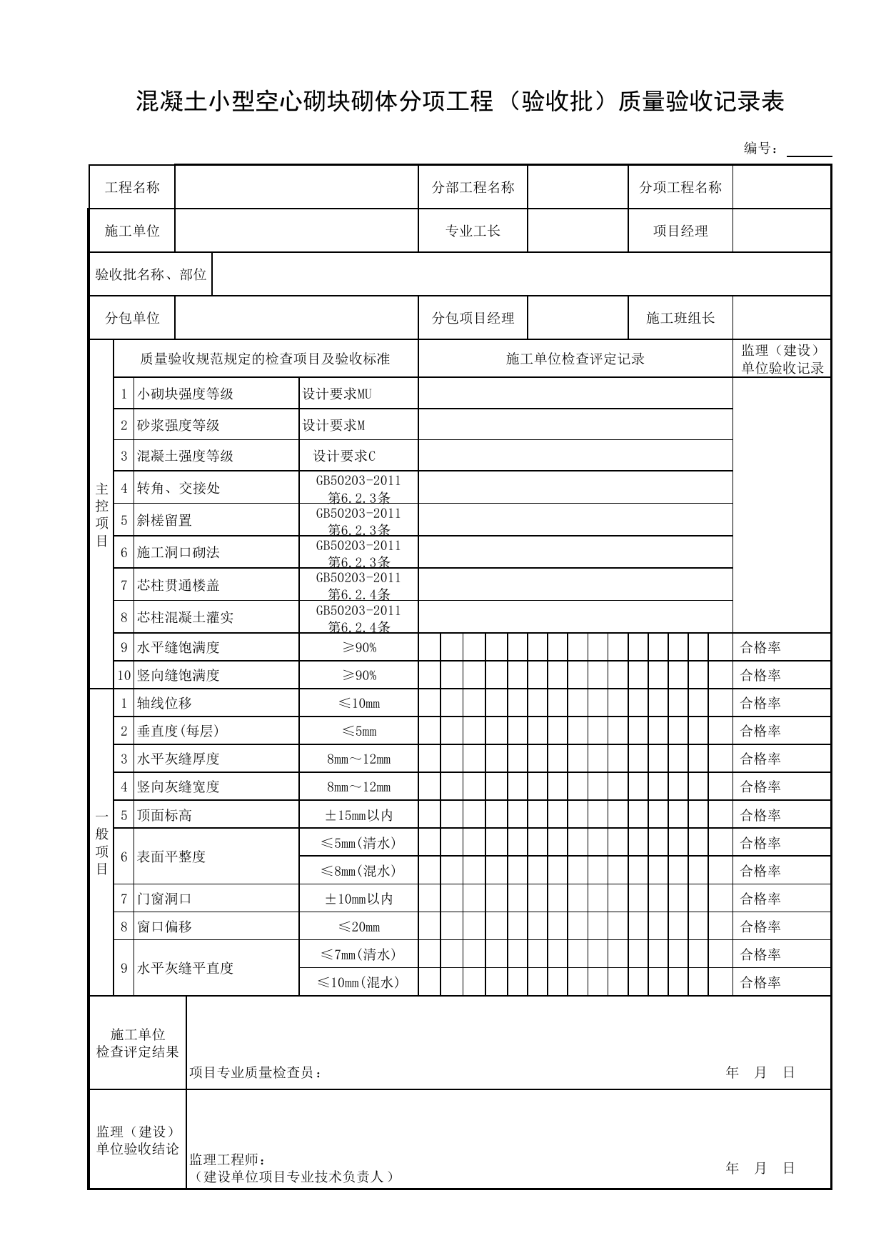 混凝土小型空心砌块砌体分项工程(验收批)质量验收记录表_砌体_砌体结构_主体结构工程_给水排水构筑物工程施工及验收规范_给水排水构筑物工程(GB50141-2008)_地下管线工程 第 1 页