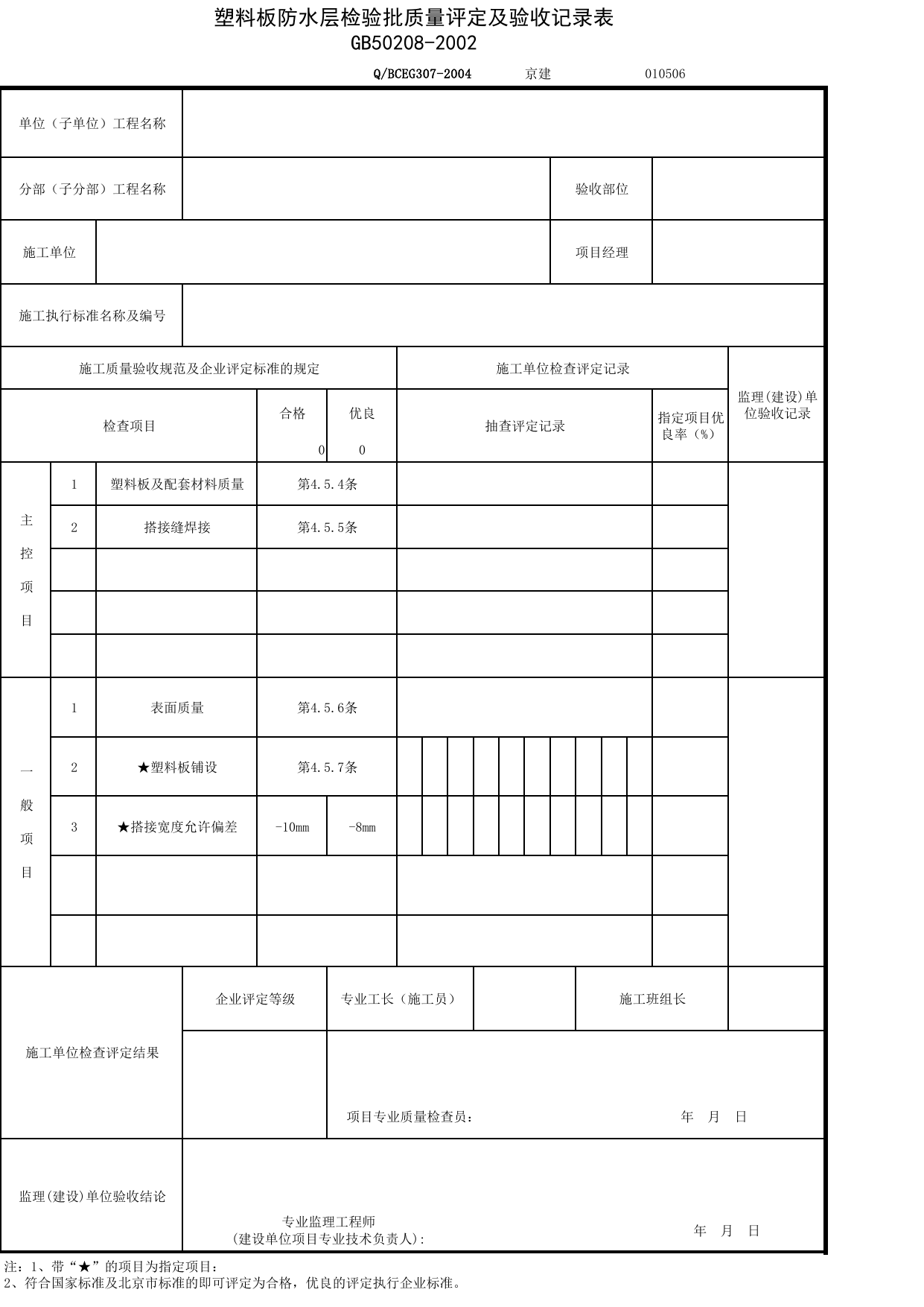 JG010506_塑料板防水层检验批质量评定及验收记录表_JG0105_地下防水_JG01地基与基础_JG检验批质量验收记录_(建工集团企业版)施工质量验收记录_北京建筑资料库DB11-T695-2009 第 1 页