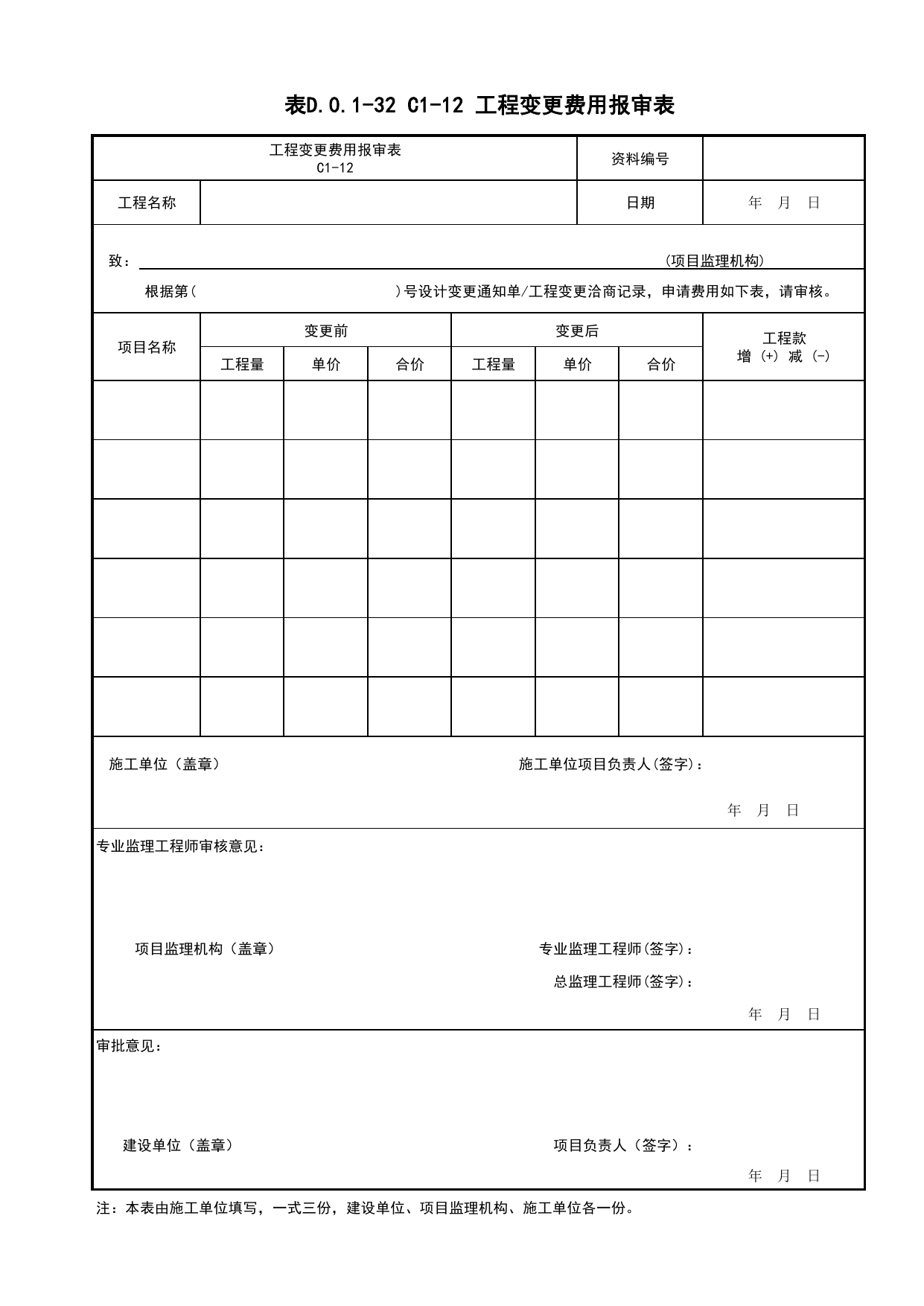 表D.0.1-32 C1-12 工程变更费用报审表_C1 施工管理资料_C 施工资料_建筑工程(DB34_T918-2019) 第 1 页