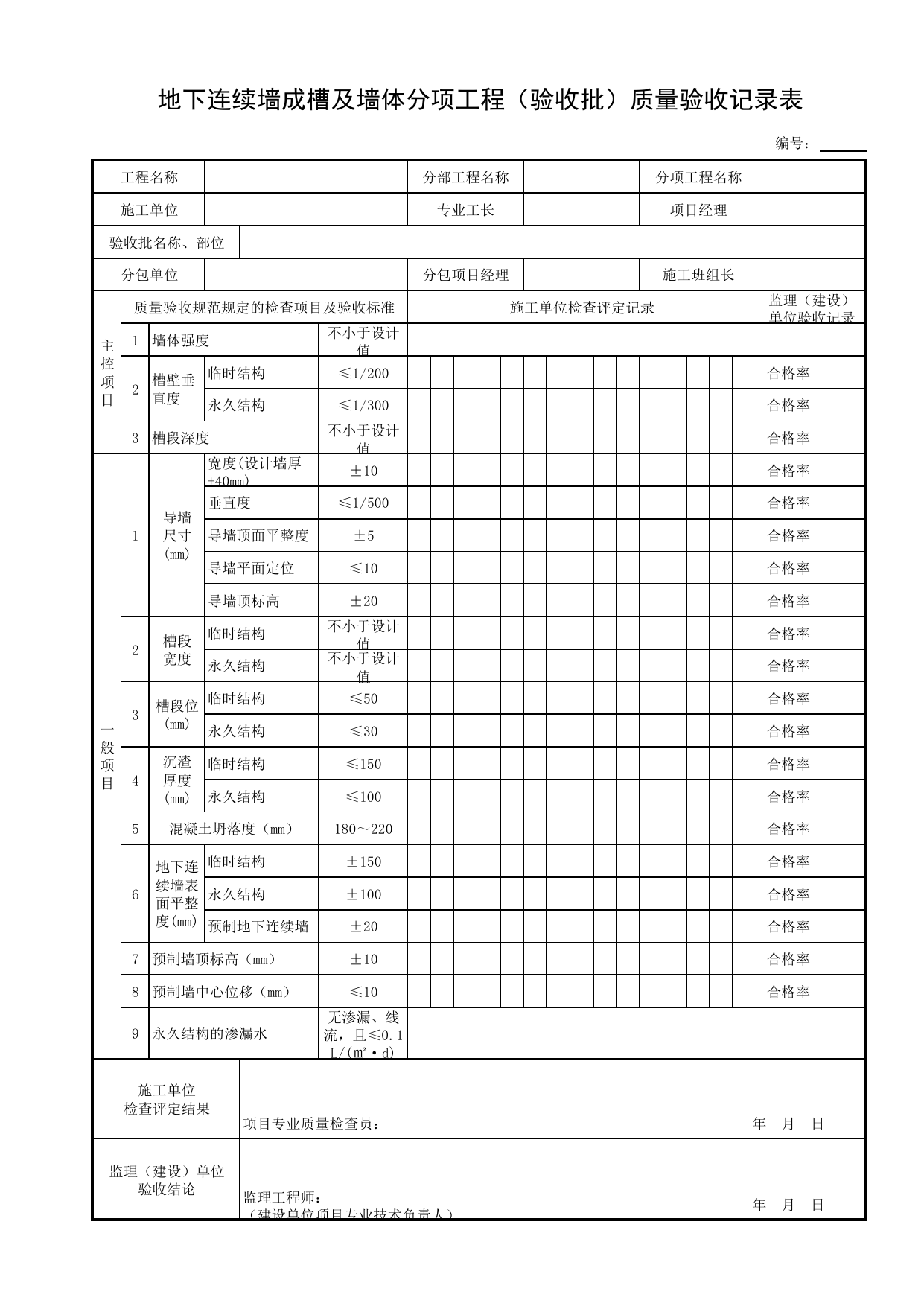 地下连续墙成槽及墙体分项工程(验收批)质量验收记录表_基坑支护结构_土石方_地基与基础工程_给水排水构筑物工程施工及验收规范_给水排水构筑物工程(GB50141-2008)_地下管线工程 第 1 页