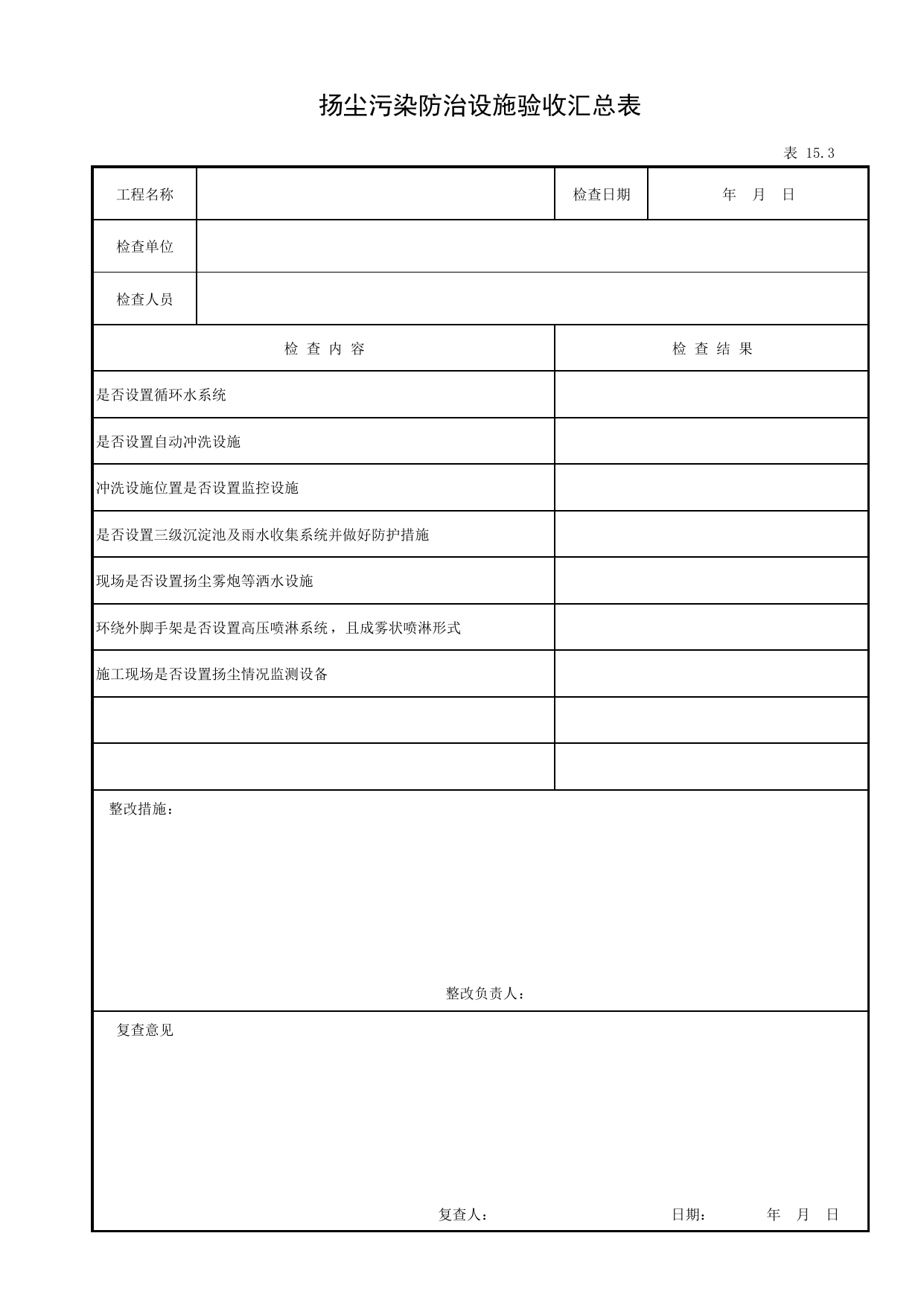 表15.3 扬尘污染防治设施验收汇总表_第十五册 扬尘污染防治_合肥市建筑工程施工安全管理资料(2017版)_安徽省安全资料库 第 1 页
