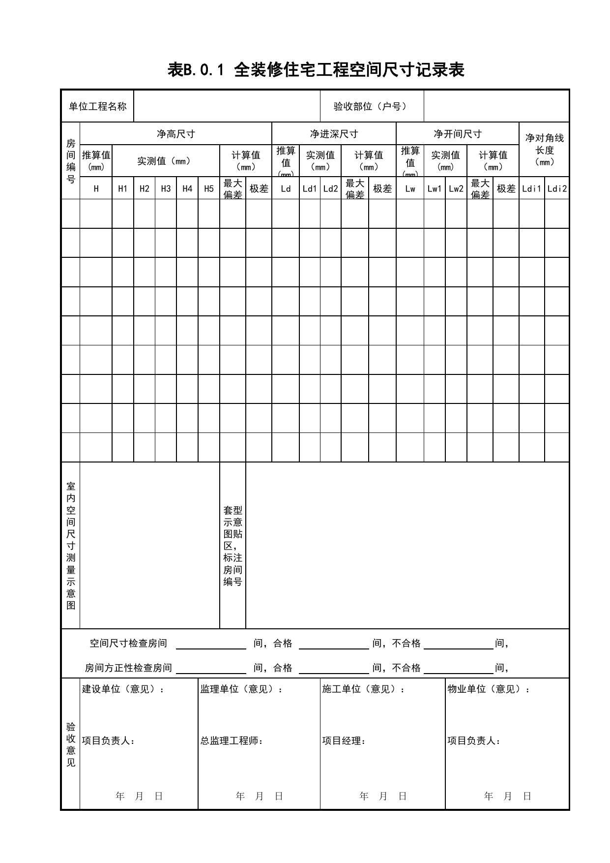 表B.0.1 全装修住宅工程空间尺寸记录表_附录B 全装修住宅工程质量分户验收记录表_安徽省住宅工程质量分户验收规程(DB34_T 4164-2022)_建筑工程(DB34_T918-2019) 第 1 页