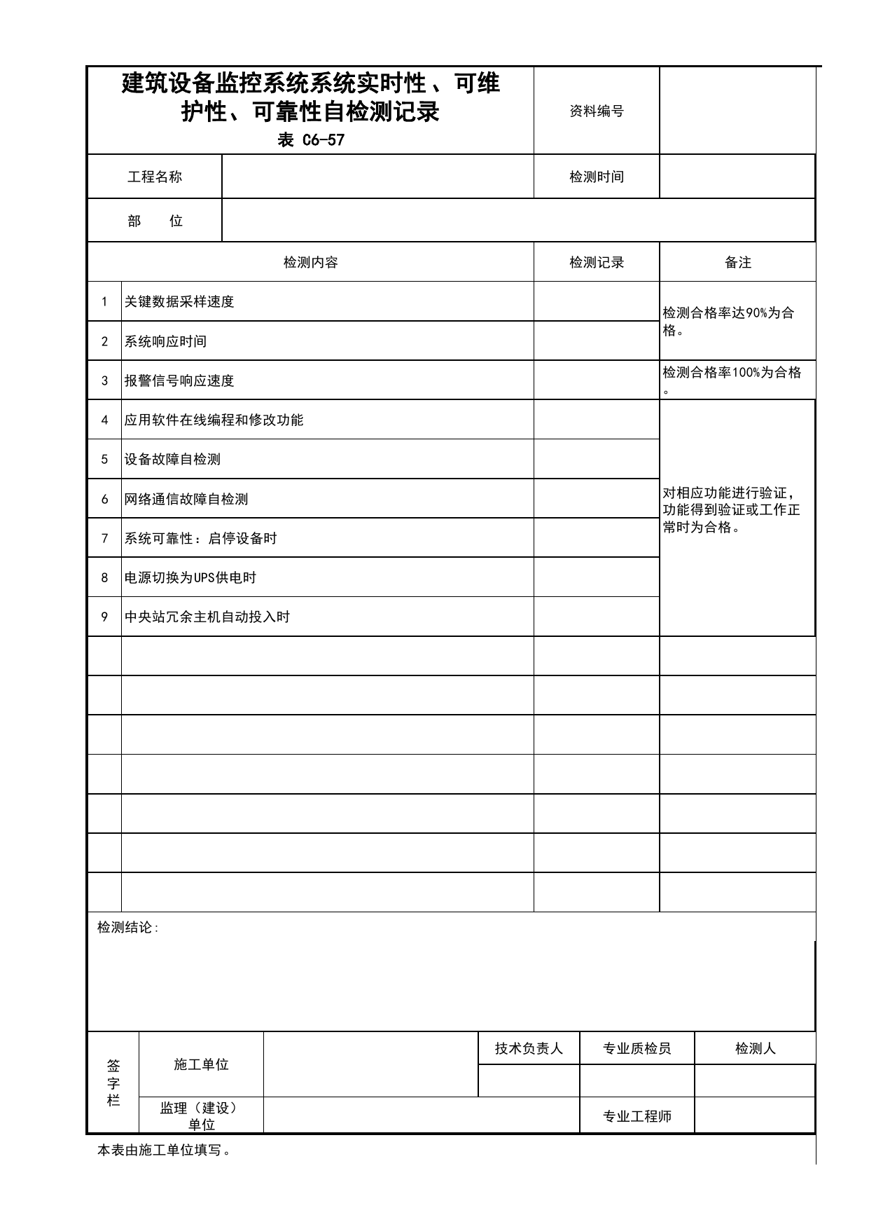 表C6-57 建筑设备监控系统系统实时性、可维护性、可靠性自检测记录_C6 施工试验资料_C 施工资料_北京建筑资料库DB11-T695-2009 第 1 页