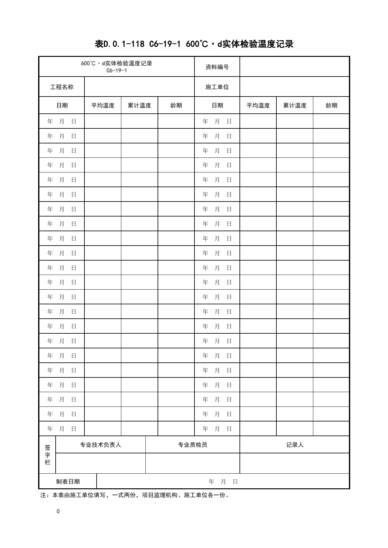 表D.0.1-118 C6-19-1 600℃·d实体检验温度记录_C6 施工记录资料_C 施工资料_建筑工程(DB34_T918-2019) 第 1 页