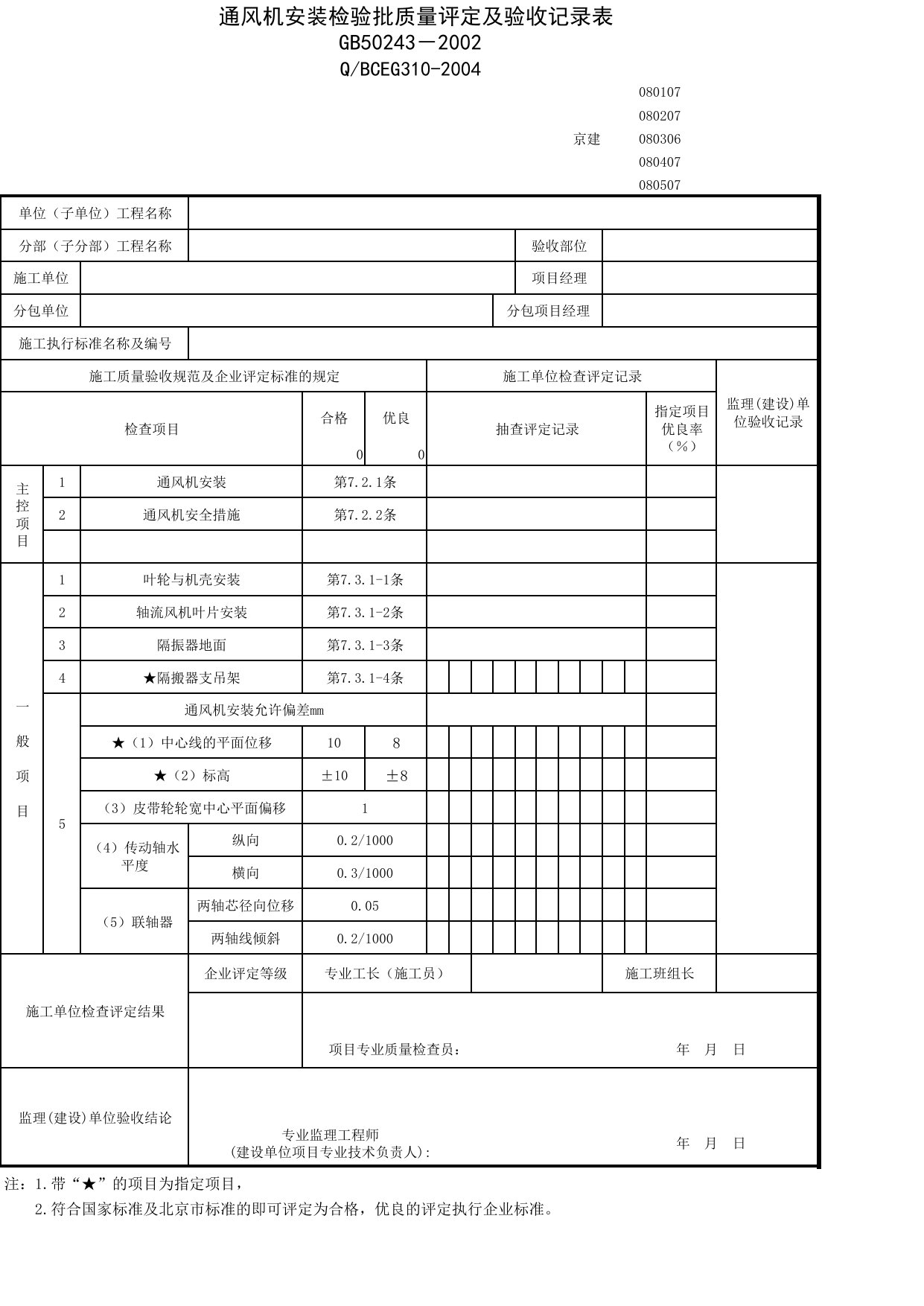 JG080207_通风机安装检验批质量评定及验收记录表_JG0802_防排烟系统_JG08通风与空调_JG检验批质量验收记录_(建工集团企业版)施工质量验收记录_北京建筑资料库DB11-T695-2009 第 1 页