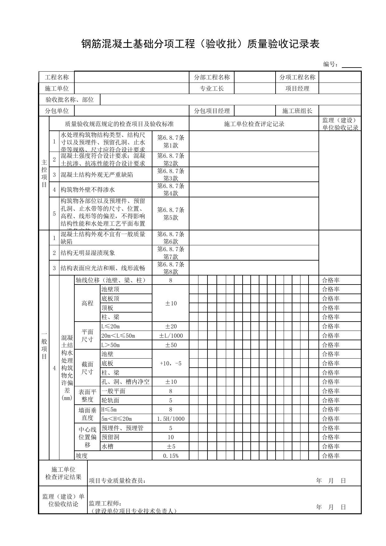 钢筋混凝土基础分项工程(验收批)质量验收记录表_混凝土基础_地基基础_地基与基础工程_给水排水构筑物工程施工及验收规范_给水排水构筑物工程(GB50141-2008)_地下管线工程 第 1 页