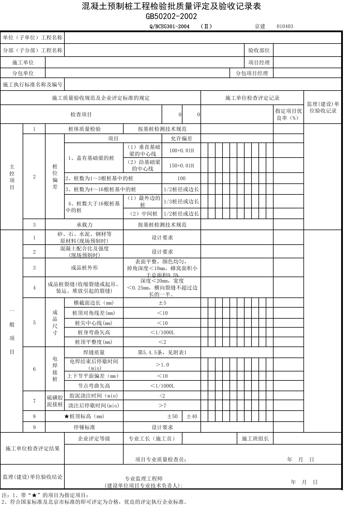 JG010403-2_混凝土预制桩工程检验批质量评定及验收记录表_JG0104_桩基_JG01地基与基础_JG检验批质量验收记录_(建工集团企业版)施工质量验收记录_北京建筑资料库DB11-T695-2009 第 1 页