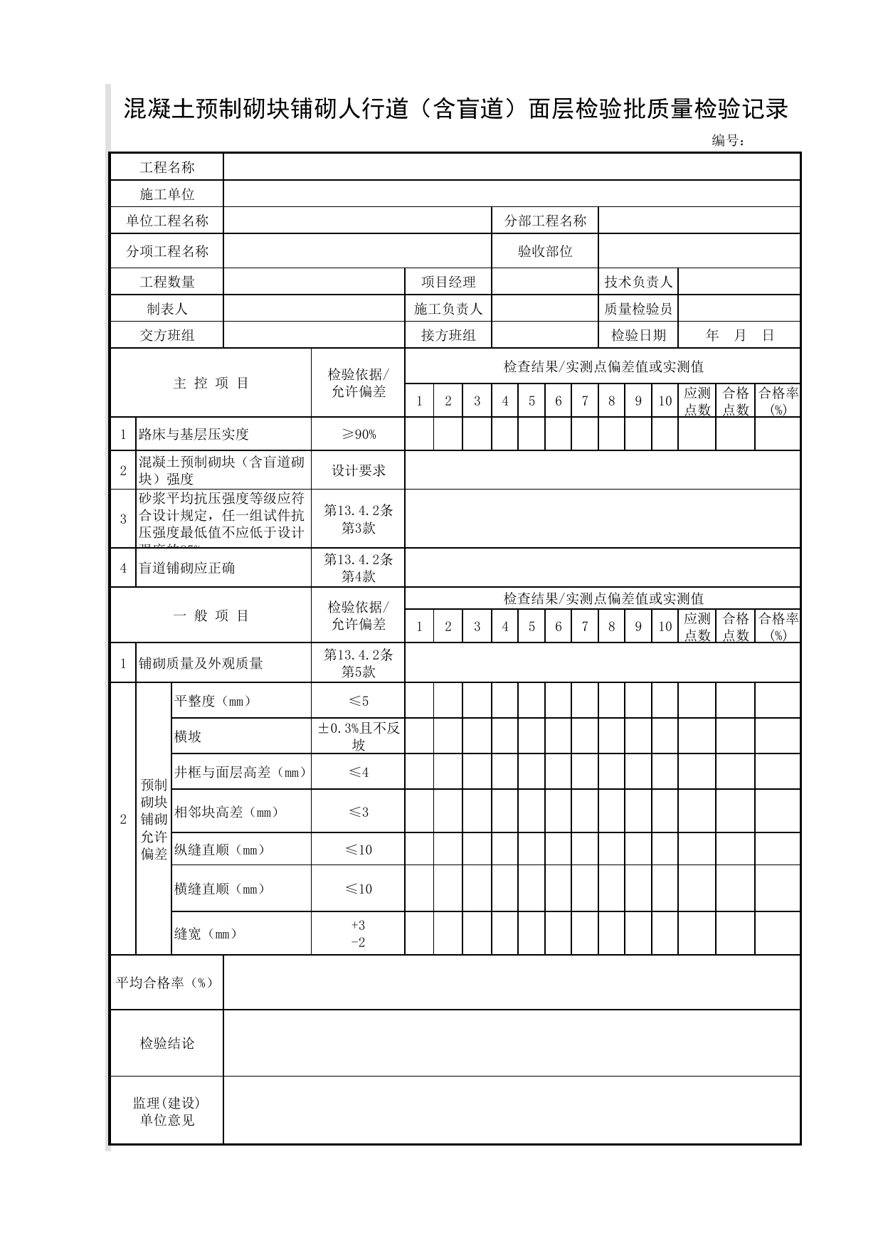 混凝土预制砌块铺砌人行道(含盲道)面层检验批质量检验记录_混凝土预制块铺砌人行道面层(含盲道砖)_人行道_城镇道路工程施工与质量验收规范_道路工程(CJJ1-2008) 第 1 页