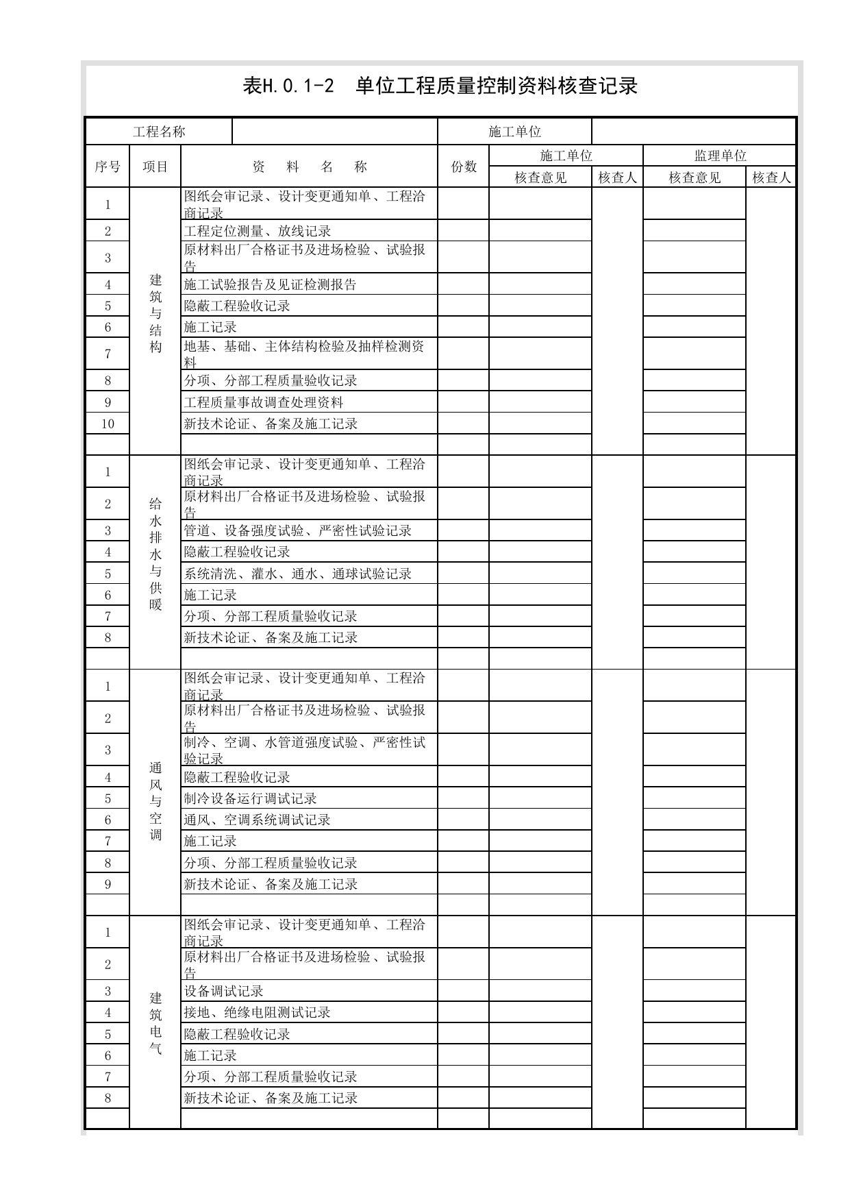 表H.0.1-2单位工程质量控制资料核查记录_通用表格(GB50300-2013规范)_北京高级装饰装修资料库 第 1 页