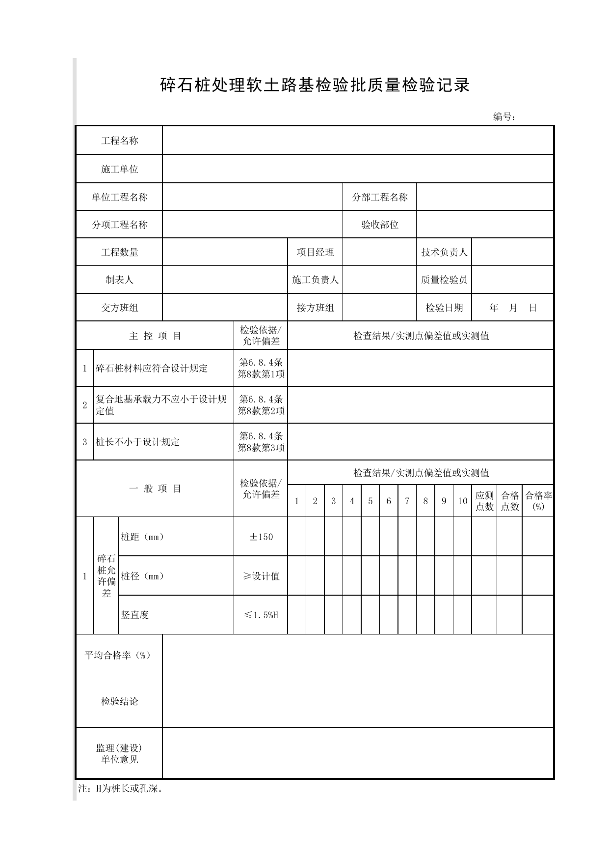 碎石桩处理软土路基检验批质量检验记录_路基处理_路基_城镇道路工程施工与质量验收规范_道路工程(CJJ1-2008) 第 1 页