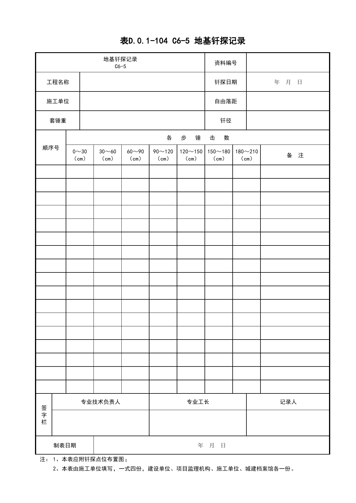 表D.0.1-104 地基钎探记录_综合管廊(B5)_施工控制文件(B类)_施工单位文件_安徽省归档标准配套用表(DB34_T 4574-2023) 第 1 页