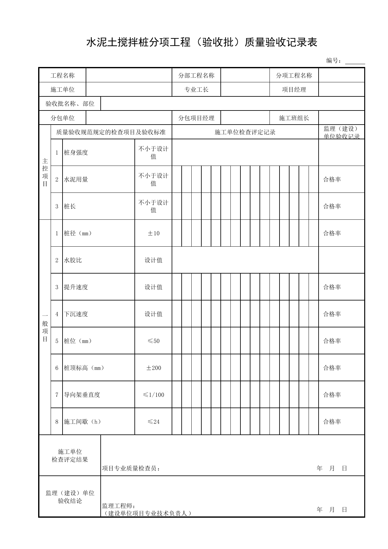 水泥土搅拌桩分项工程(验收批)质量验收记录表_基坑支护结构_土石方_地基与基础工程_给水排水构筑物工程施工及验收规范_给水排水构筑物工程(GB50141-2008)_地下管线工程 第 1 页