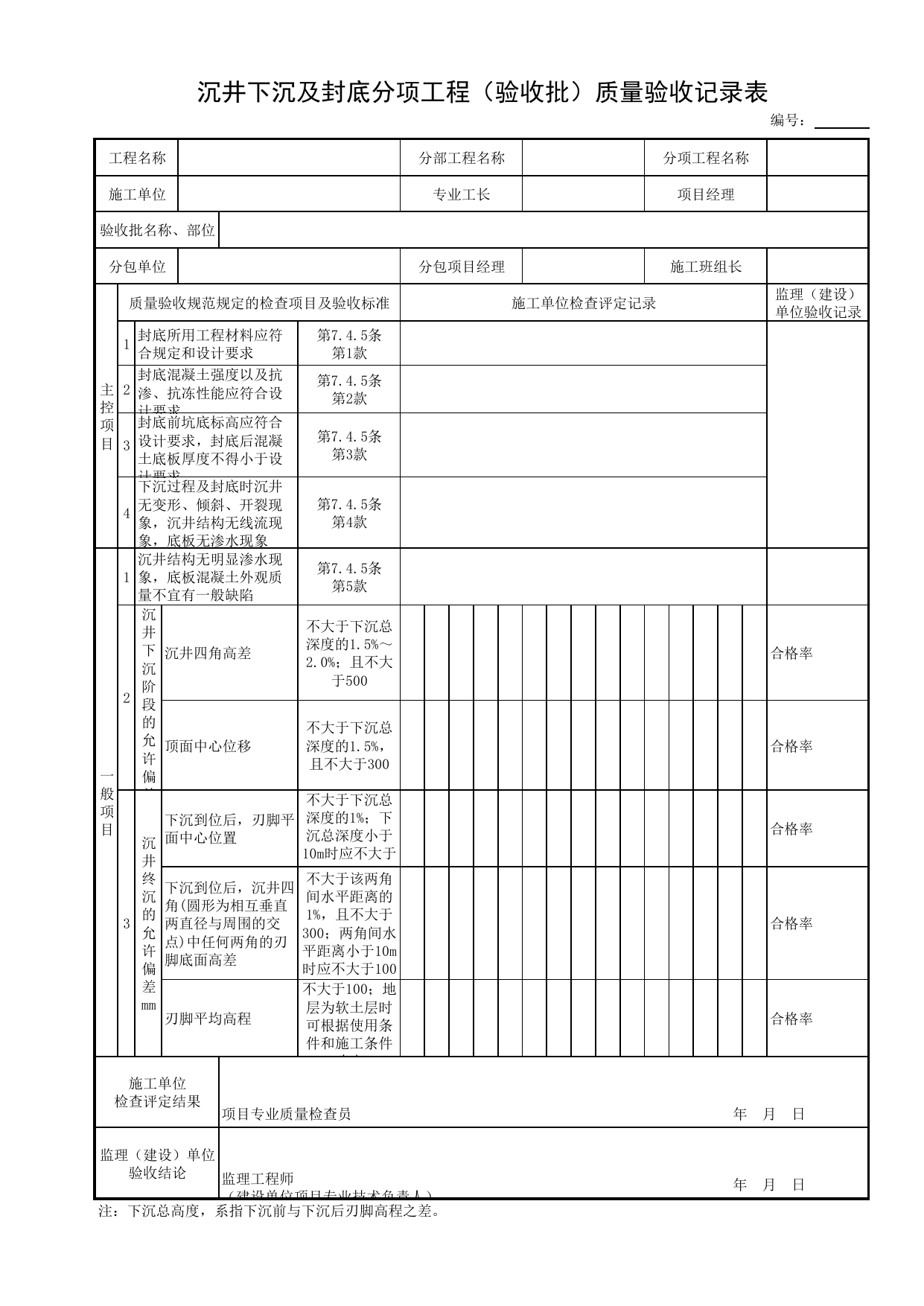 沉井下沉及封底分项工程(验收批)质量验收记录表_各类单体构筑物_砌体结构_主体结构工程_给水排水构筑物工程施工及验收规范_给水排水构筑物工程(GB50141-2008)_地下管线工程 第 1 页