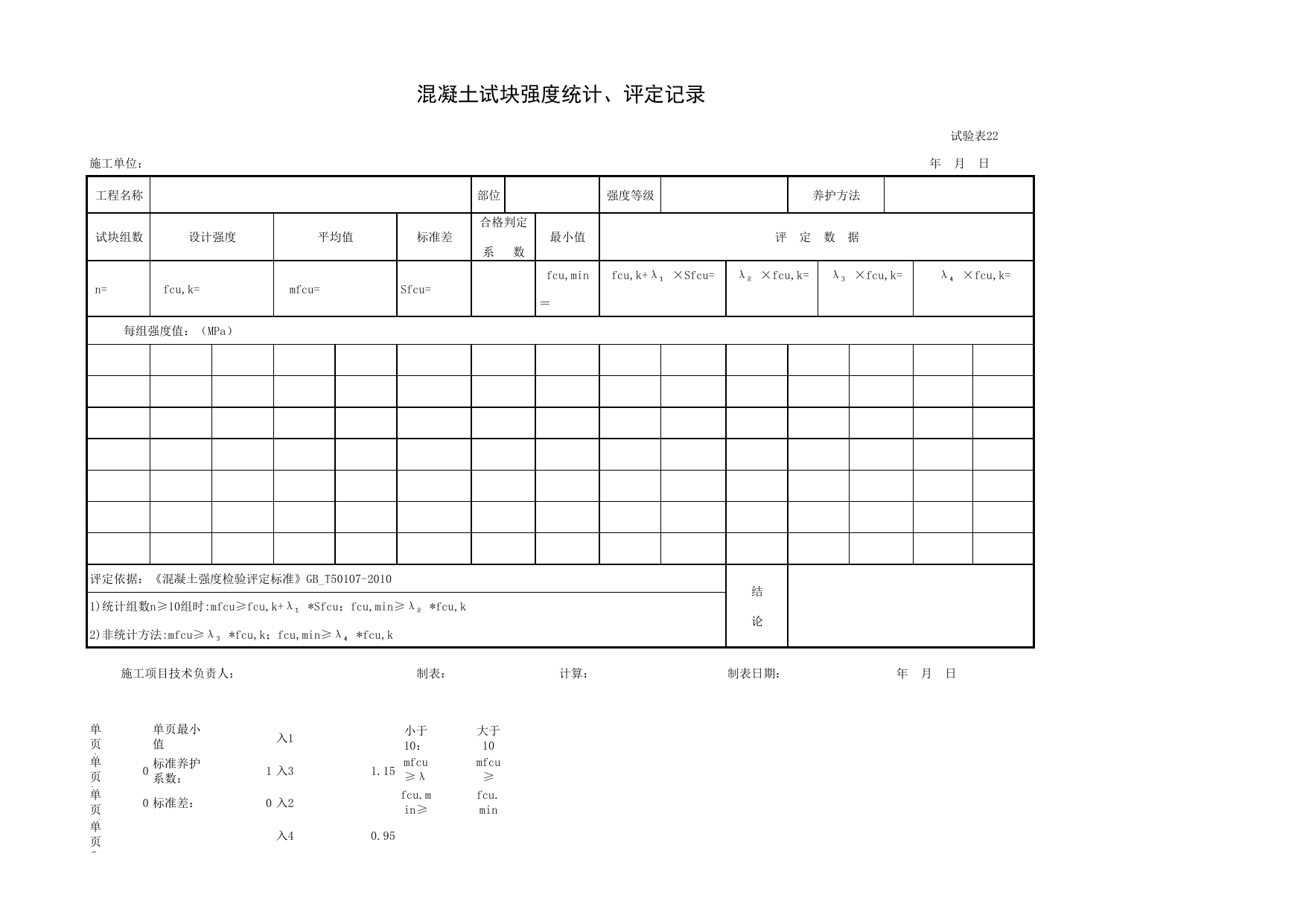 试验表22 混凝土试块强度统计、评定记录 GB_T50107-2010_试验表_市政基础设施通用表 第 1 页