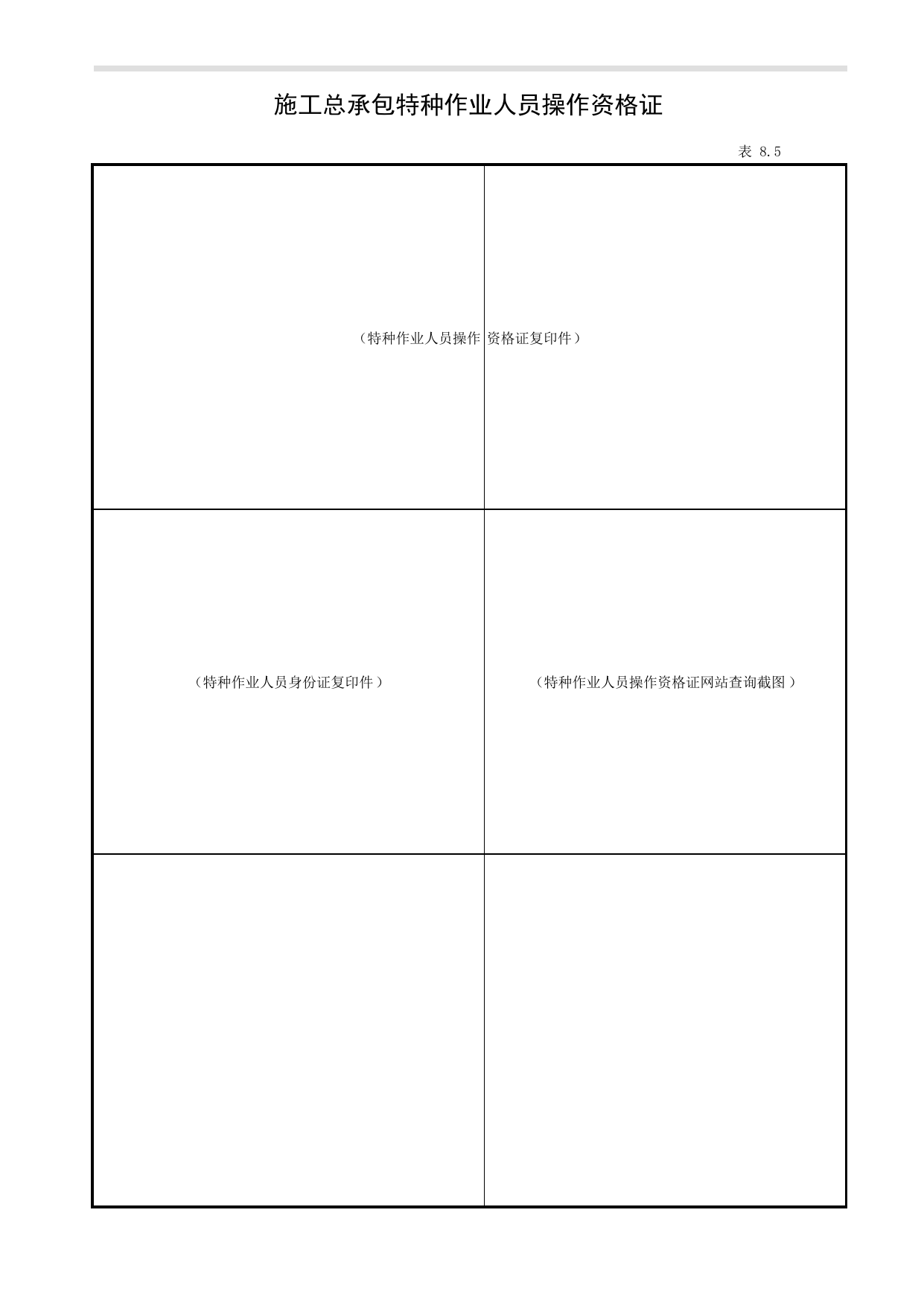 表8.5 施工总承包特种作业人员操作资格证_第八册 持证上岗_合肥市建筑工程施工安全管理资料(2017版)_安徽省安全资料库 第 1 页