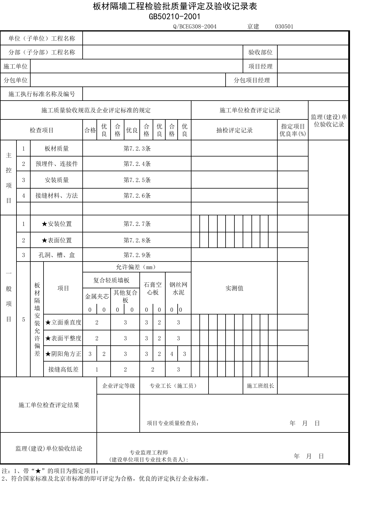 JG030501_板材隔墙工程检验批质量评定及验收记录表_JG0305_轻质隔墙_JG03建筑装饰装修_JG检验批质量验收记录_(建工集团企业版)施工质量验收记录_北京建筑资料库DB11-T695-2009 第 1 页