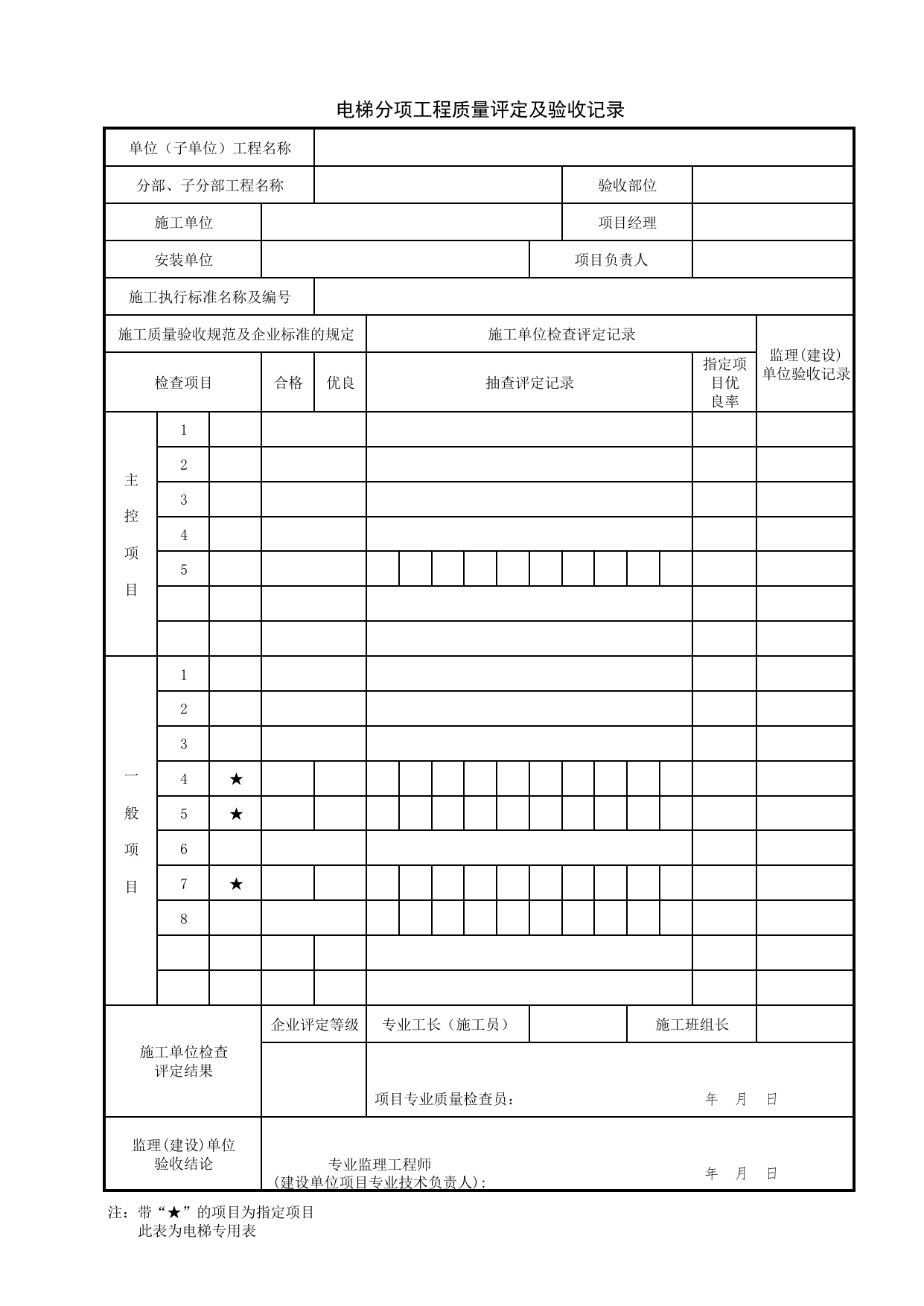 JG02_电梯分项工程质量评定及验收记录_总表_(建工集团企业版)施工质量验收记录_北京建筑资料库DB11-T695-2009 第 1 页