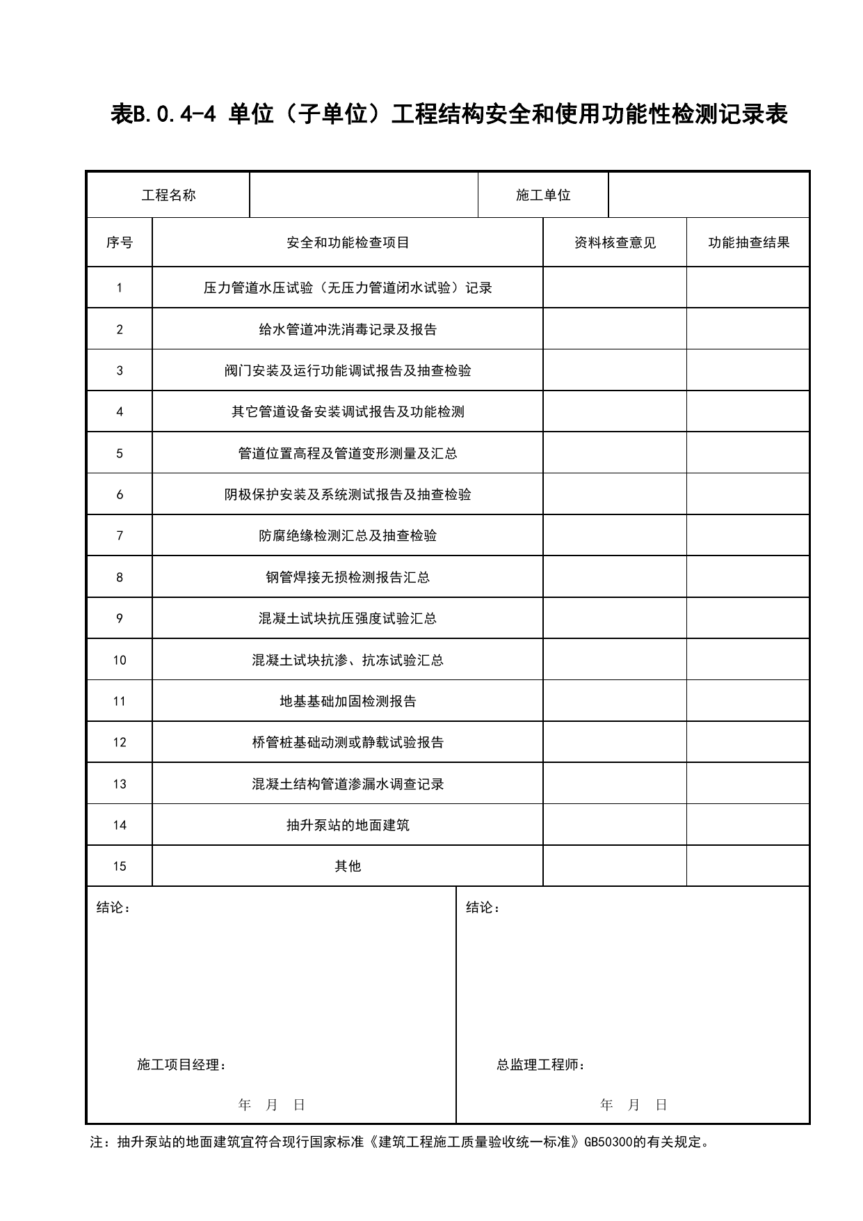 表B.0.4-4 单位(子单位)工程结构安全和使用功能检测记录表_地下管线工程(C4)_施工验收文件(C类)_施工单位文件_安徽省归档标准配套用表(DB34_T 4574-2023) 第 1 页