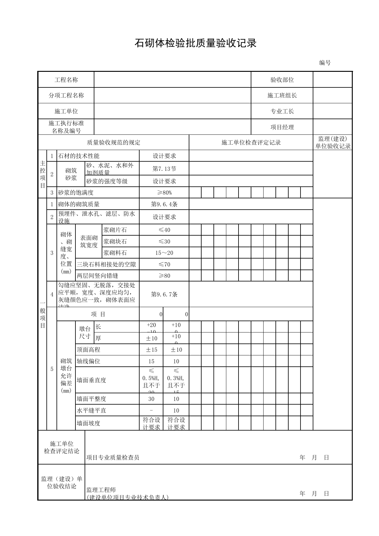 石砌体检验批质量验收记录_石砌体_砌体墩台_墩台_城市桥梁工程施工与质量验收规范_桥梁工程(CJJ2-2008) 第 1 页