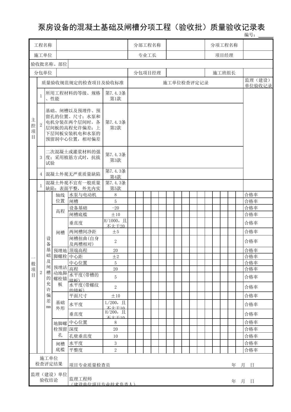 泵房设备的混凝土基础及闸槽分项工程(验收批)质量验收记录表_细部结构_细部结构_附属构筑物工程_给水排水构筑物工程施工及验收规范_给水排水构筑物工程(GB50141-2008)_地下管线工程 第 1 页