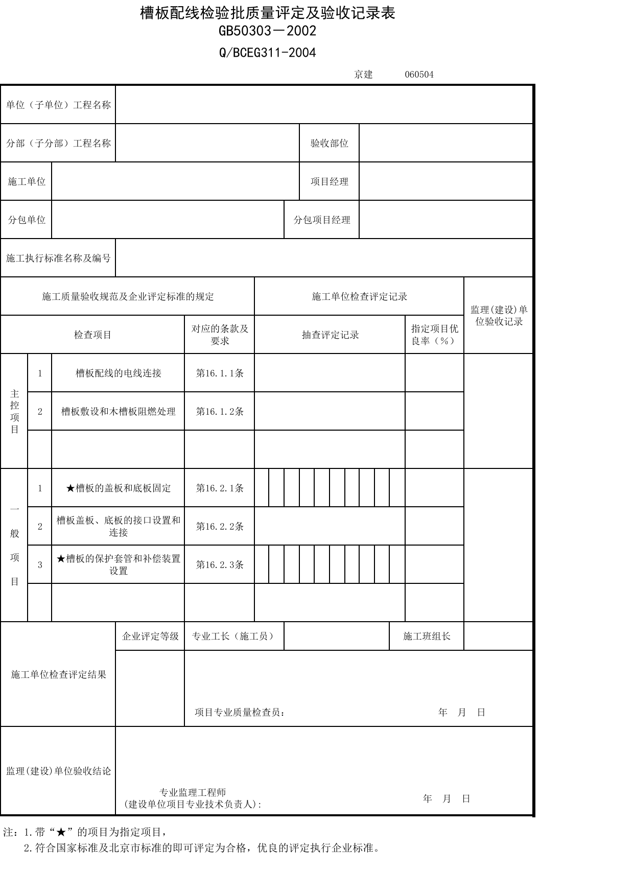 JG060504_槽板配线检验批质量评定及验收记录表_JG0605_电气照明安装_JG06建筑电气_JG检验批质量验收记录_(建工集团企业版)施工质量验收记录_北京建筑资料库DB11-T695-2009 第 1 页