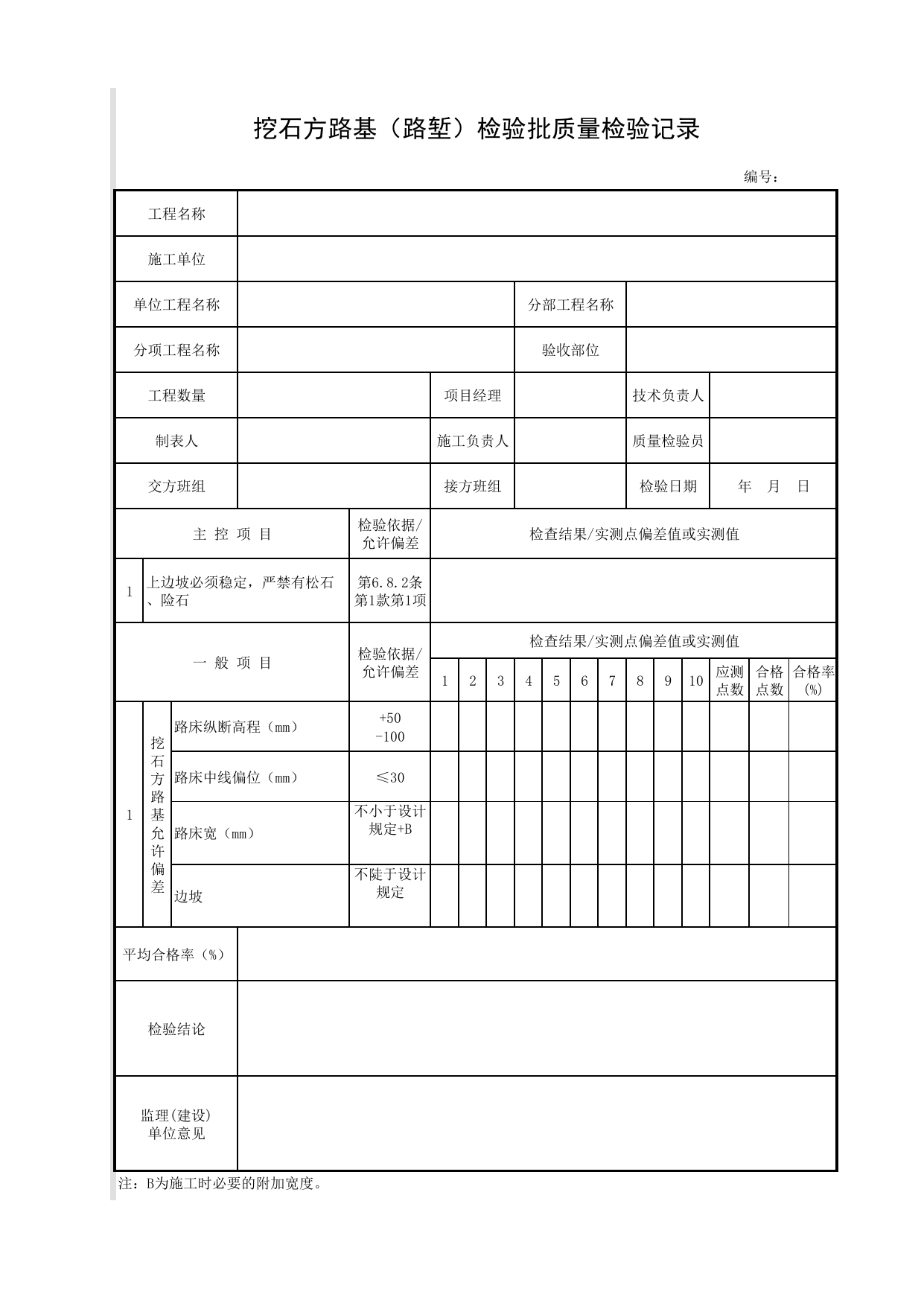 挖石方路基(路堑)检验批质量检验记录_石方路基_路基_城镇道路工程施工与质量验收规范_道路工程(CJJ1-2008) 第 1 页