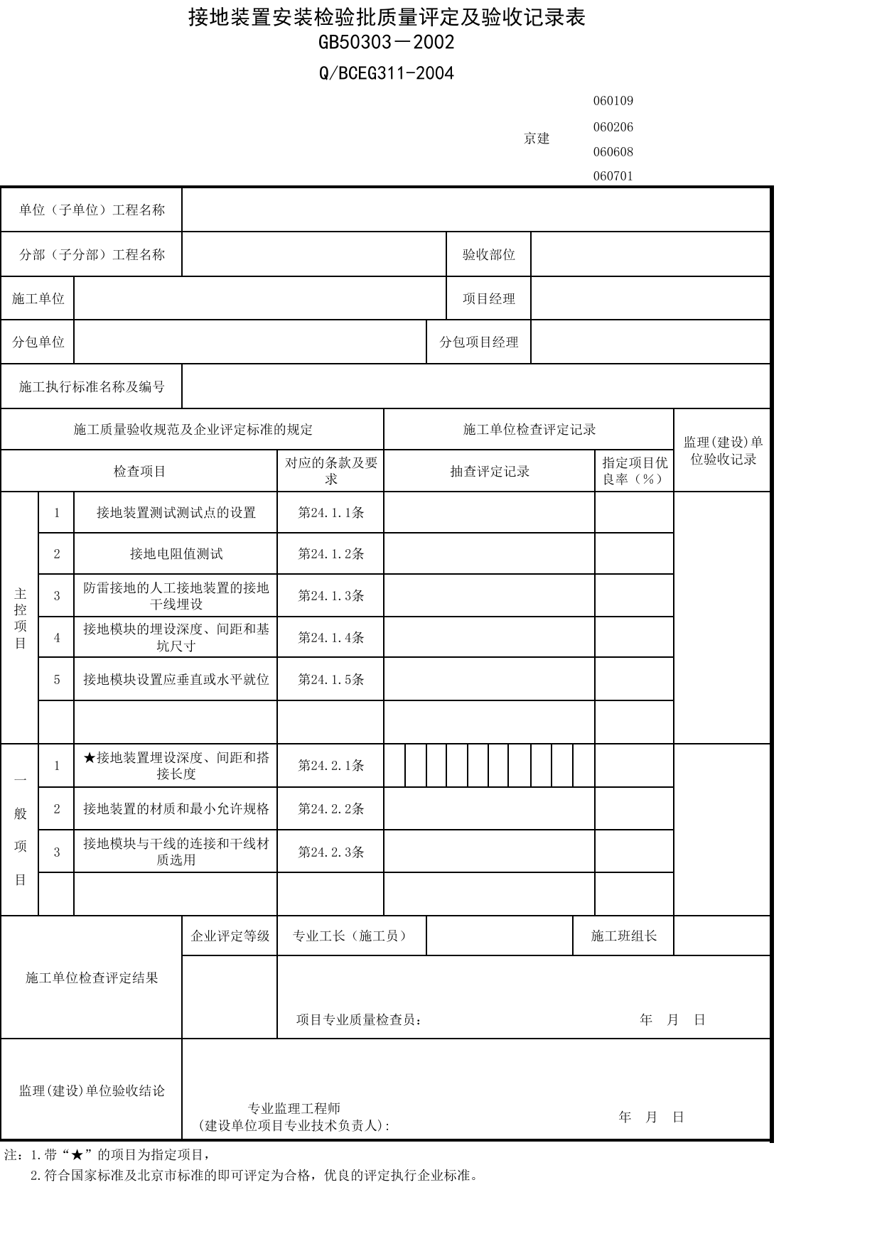 JG060109_接地装置安装检验批质量评定及验收记录表_JG0601_室外电气_JG06建筑电气_JG检验批质量验收记录_(建工集团企业版)施工质量验收记录_北京建筑资料库DB11-T695-2009 第 1 页