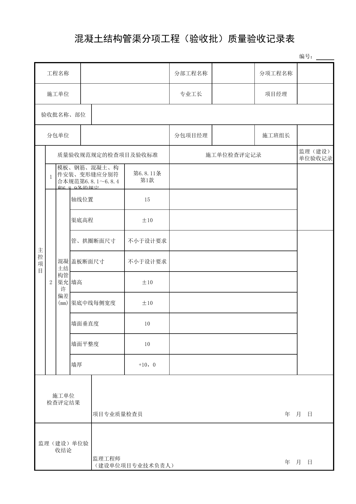 混凝土结构管渠分项工程(验收批)质量验收记录表_现浇混凝土结构_混凝土结构_进、出水管渠_给水排水构筑物工程施工及验收规范_给水排水构筑物工程(GB50141-2008)_地下管线工程 第 1 页