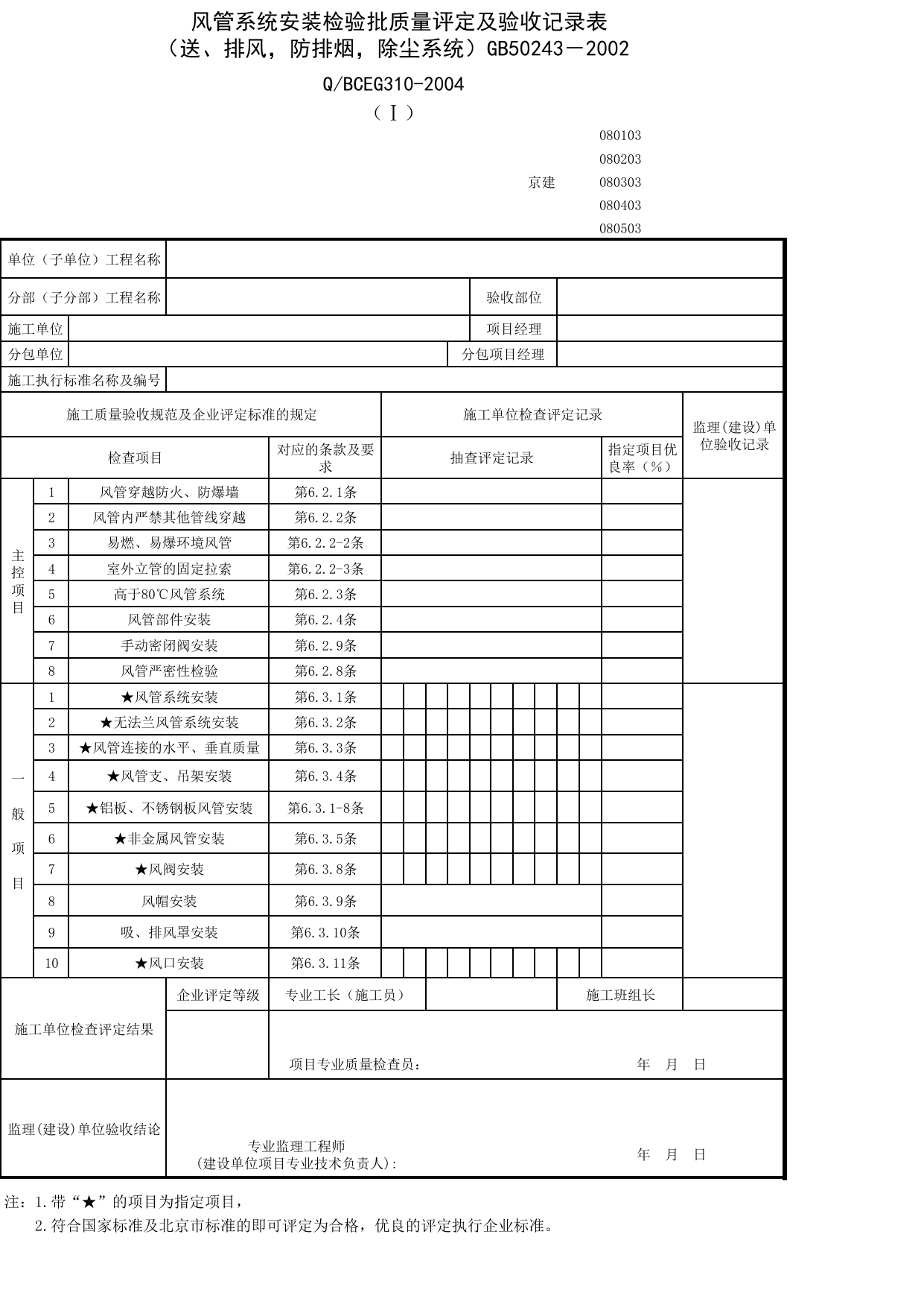 JG080403-1_风管系统安装检验批质量评定及验收记录表_JG0804_空调风系统_JG08通风与空调_JG检验批质量验收记录_(建工集团企业版)施工质量验收记录_北京建筑资料库DB11-T695-2009 第 1 页