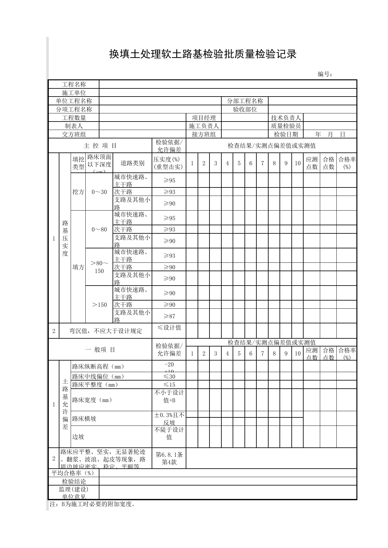 换填土处理软土路基检验批质量检验记录_路基处理_路基_城镇道路工程施工与质量验收规范_道路工程(CJJ1-2008) 第 1 页