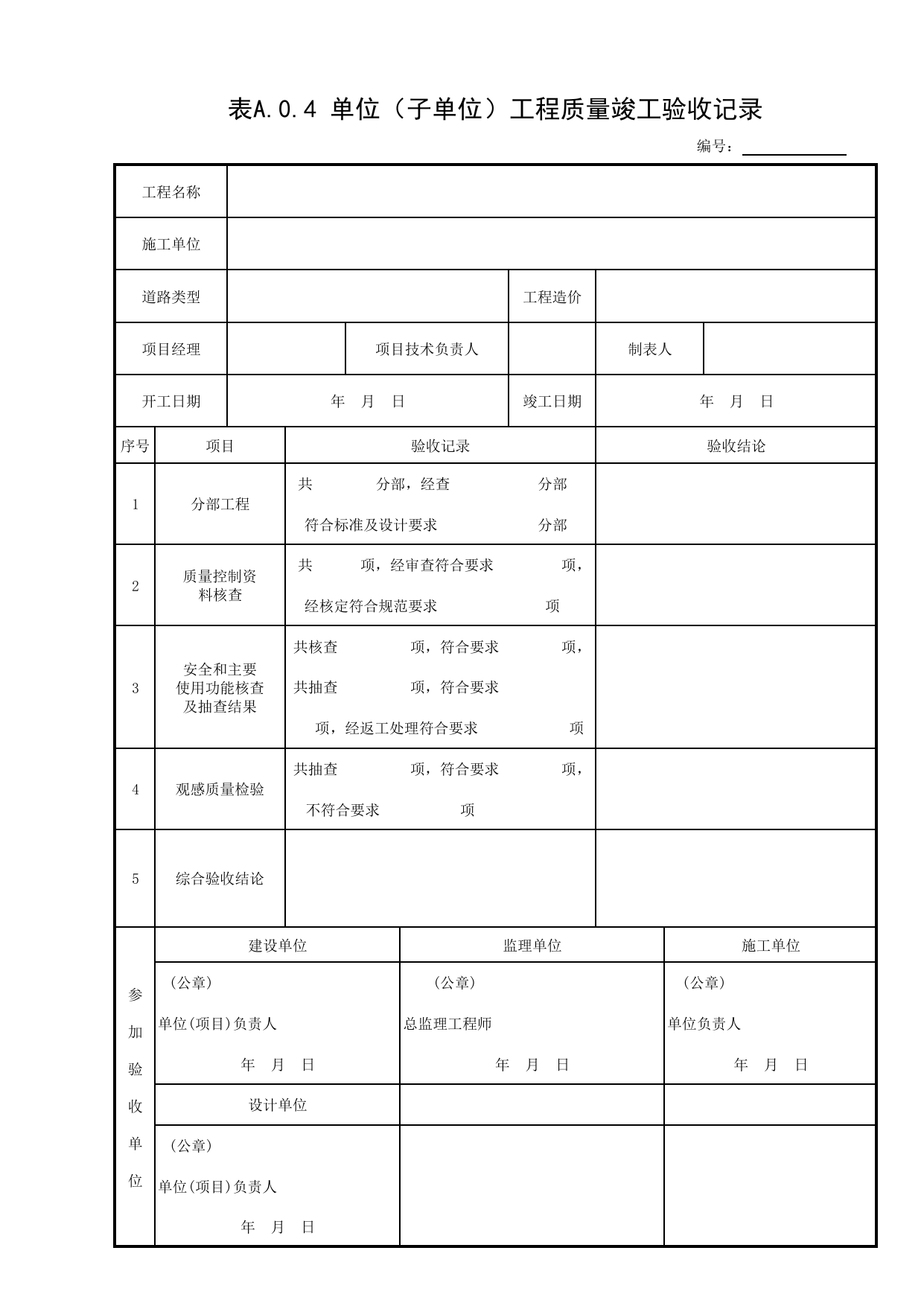 表A.0.4单位(子单位)工程质量竣工验收记录_通用表格_道路工程(CJJ1-2008) 第 1 页