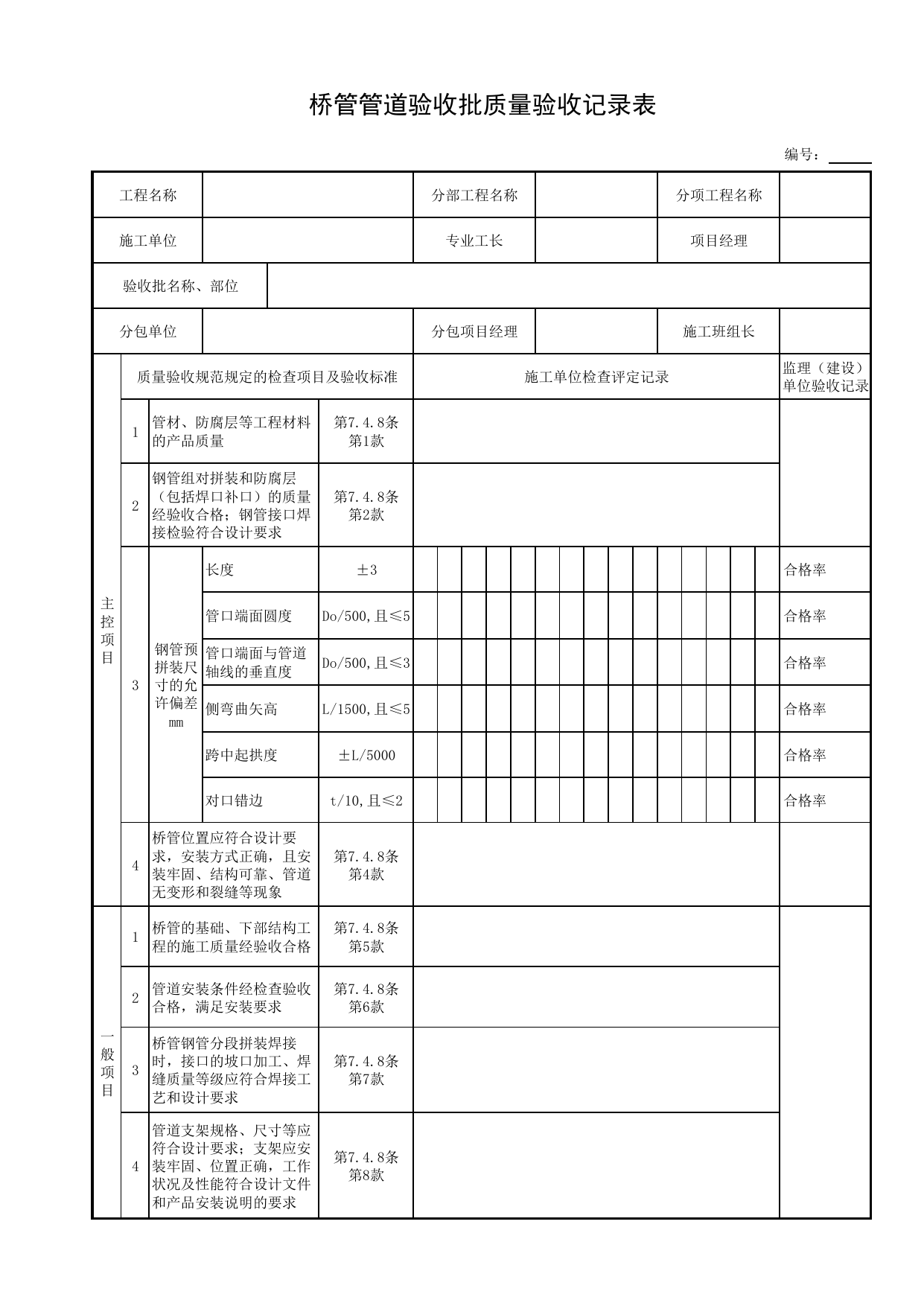 桥管管道验收批质量验收记录表_桥管管道_桥管_管道主体工程_给排水管道工程施工及验收规范_给水排水管道工程(GB50268-2008)_地下管线工程 第 1 页