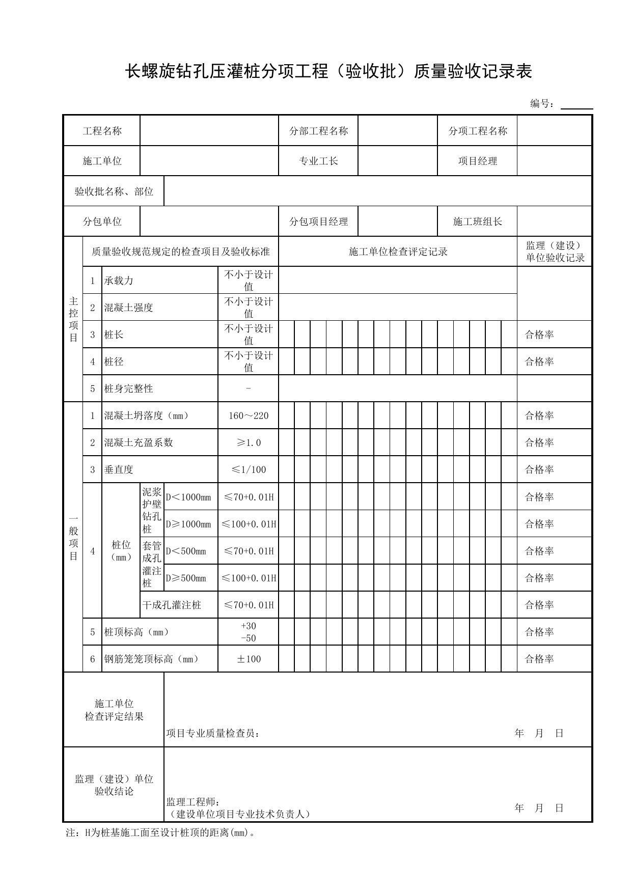 长螺旋钻孔压灌桩分项工程(验收批)质量验收记录表_桩基础_地基基础_地基与基础工程_给水排水构筑物工程施工及验收规范_给水排水构筑物工程(GB50141-2008)_地下管线工程 第 1 页