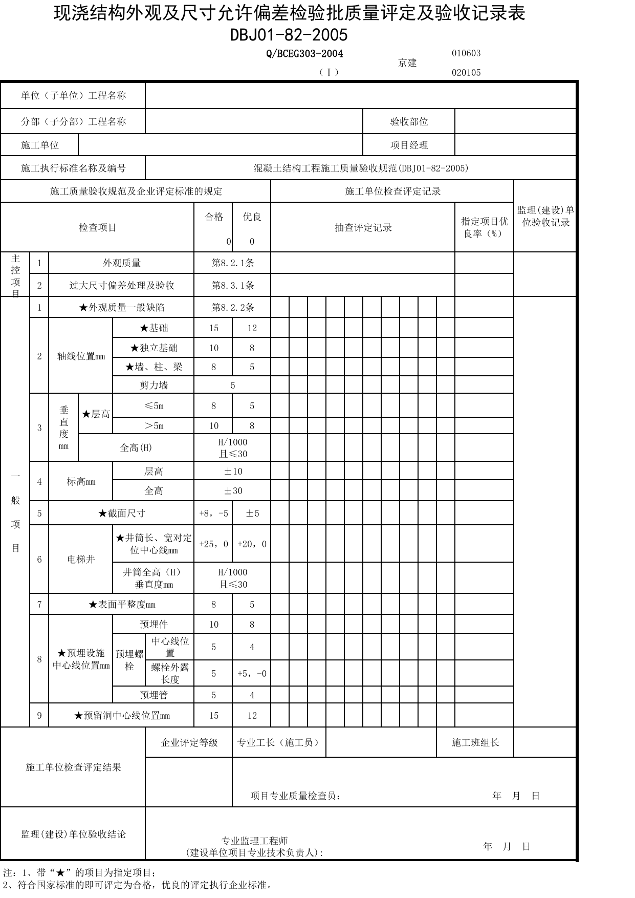 JG020105-1_现浇结构外观及尺寸允许偏差检验批质量评定及验收记录表_JG0201_混凝土结构_JG02主体结构_JG检验批质量验收记录_(建工集团企业版)施工质量验收记录_北京建筑资料库DB11-T695-2009 第 1 页