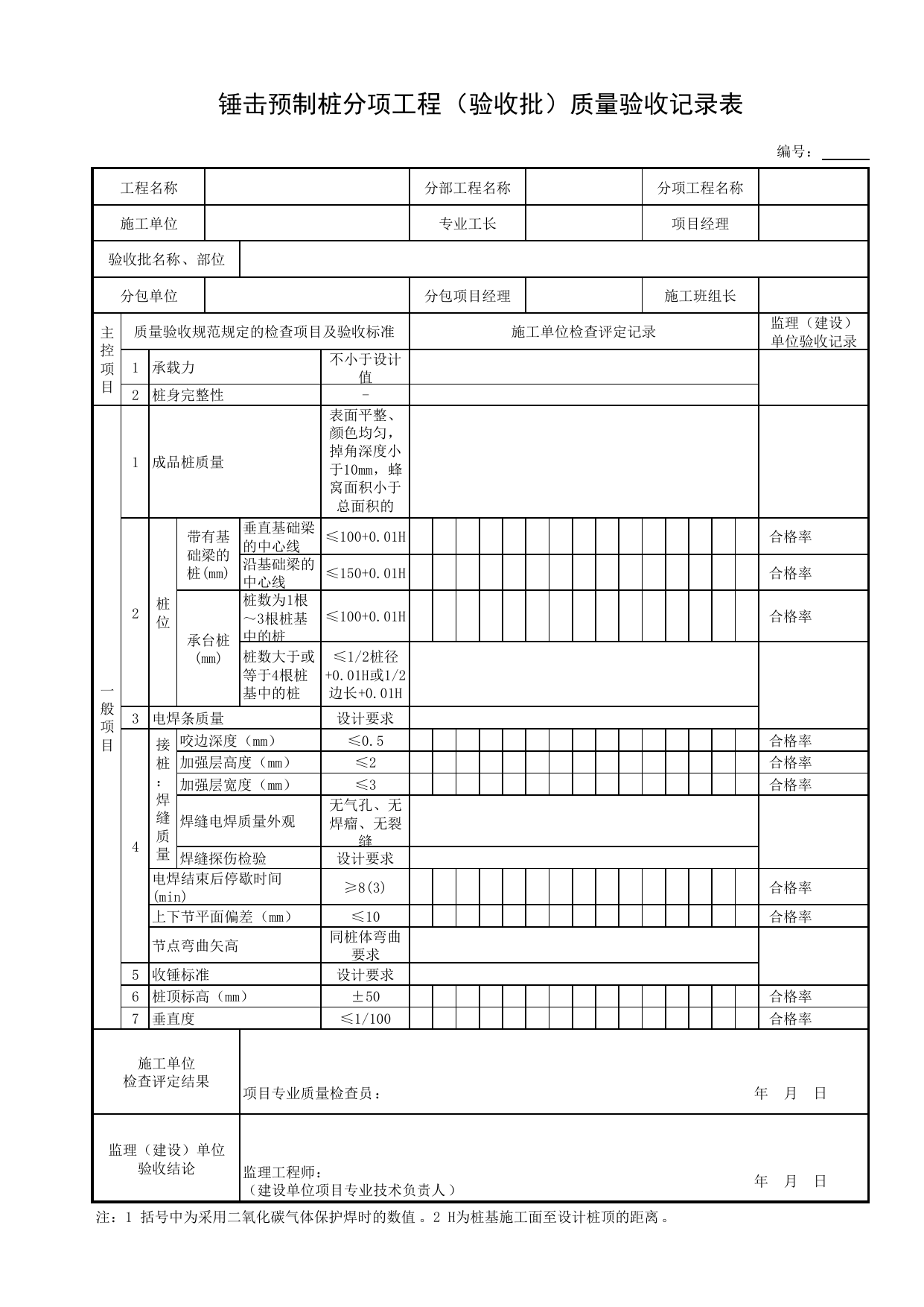锤击预制桩分项工程(验收批)质量验收记录表_桩基础_地基基础_地基与基础工程_给水排水构筑物工程施工及验收规范_给水排水构筑物工程(GB50141-2008)_地下管线工程 第 1 页