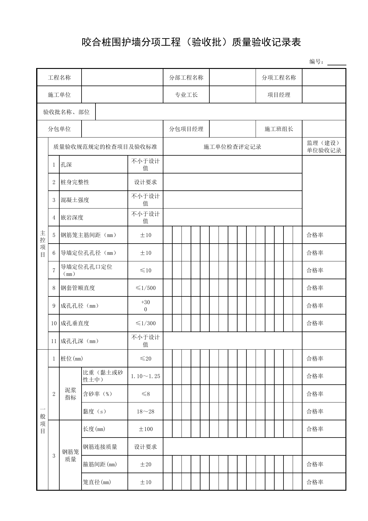 咬合桩围护墙分项工程(验收批)质量验收记录表_基坑支护结构_土石方_地基与基础工程_给水排水构筑物工程施工及验收规范_给水排水构筑物工程(GB50141-2008)_地下管线工程 第 1 页