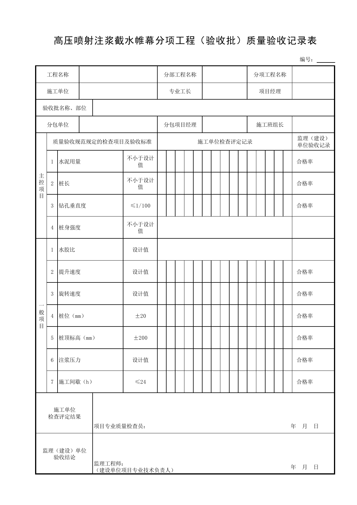 高压喷射注浆截水帷幕分项工程(验收批)质量验收记录表_基坑支护结构_土石方_地基与基础工程_给水排水构筑物工程施工及验收规范_给水排水构筑物工程(GB50141-2008)_地下管线工程 第 1 页