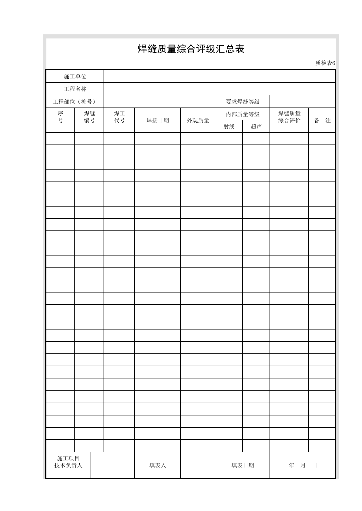 质检表6 焊缝质量综合评级汇总表_质检表_市政基础设施通用表 第 1 页