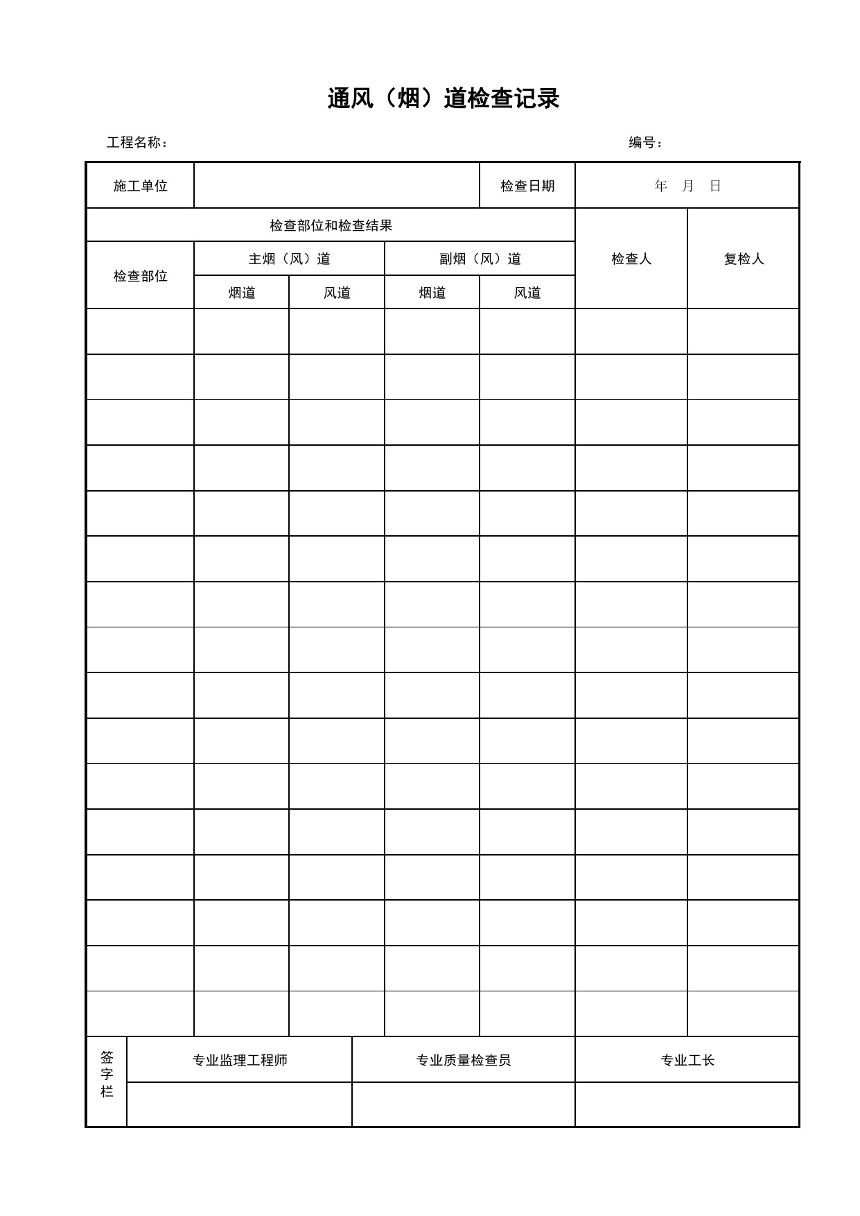 通风(烟)道检查记录_综合管廊(B5)_施工控制文件(B类)_施工单位文件_安徽省归档标准配套用表(DB34_T 4574-2023) 第 1 页