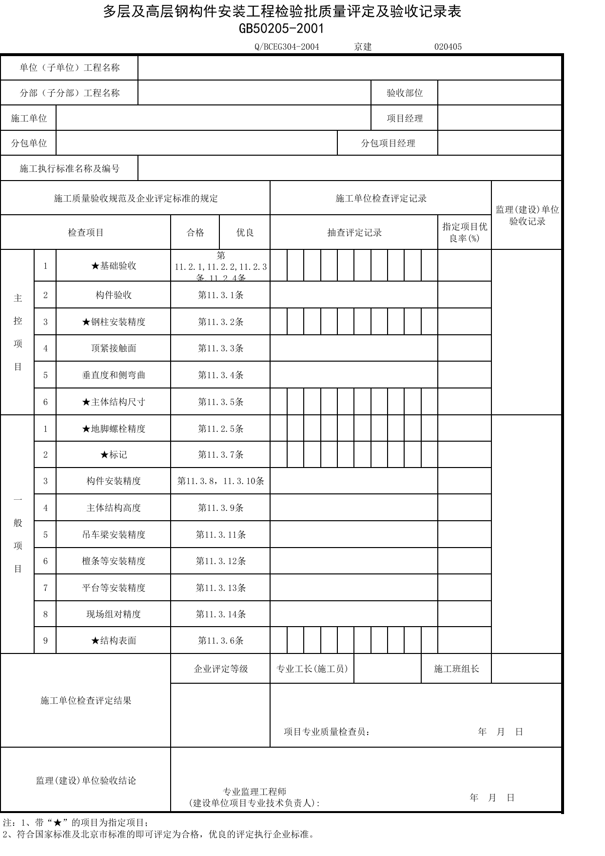 JG020405_多层及高层钢构件安装工程检验批质量评定及验收记录表_JG0204_钢结构_JG02主体结构_JG检验批质量验收记录_(建工集团企业版)施工质量验收记录_北京建筑资料库DB11-T695-2009 第 1 页
