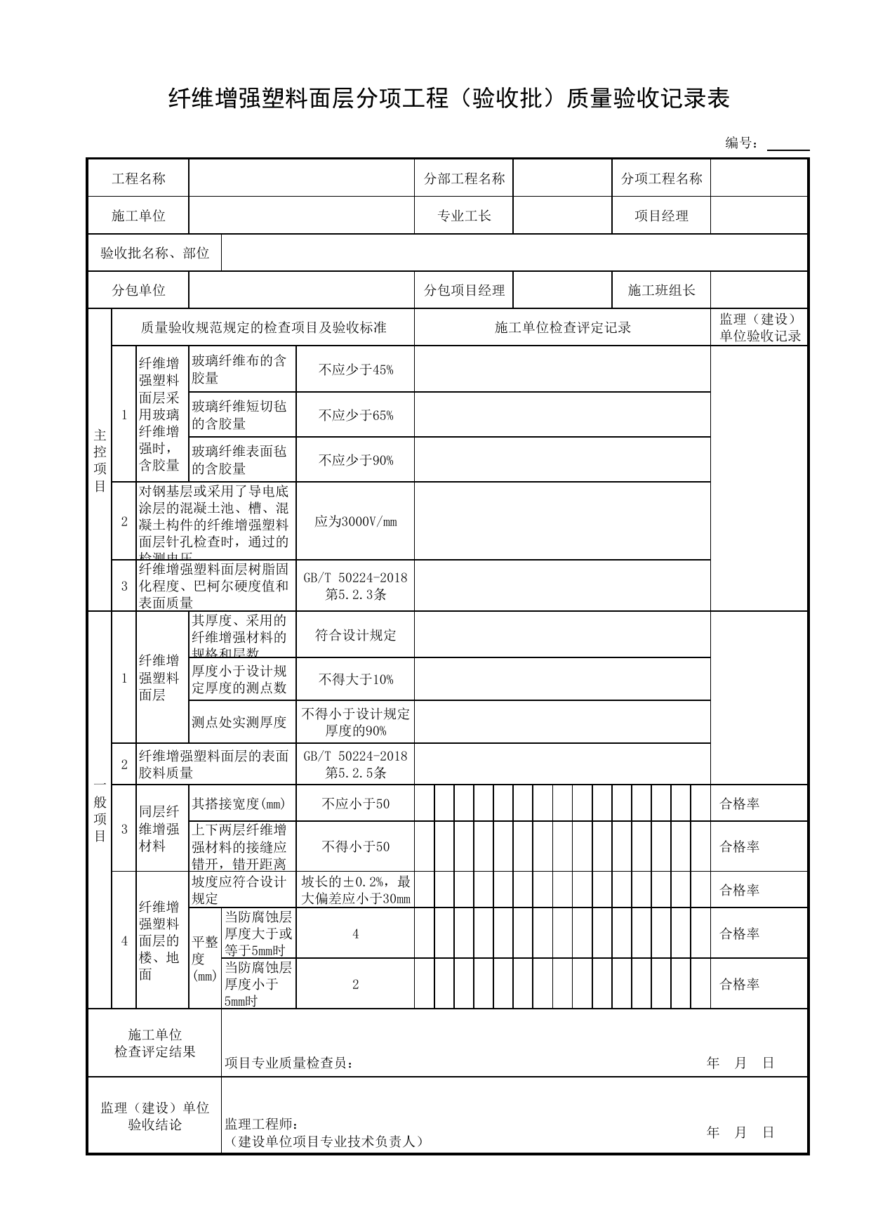 纤维增强塑料面层分项工程(验收批)质量验收记录表_表面层_砌体结构_管渠_附属构筑物工程_给水排水构筑物工程施工及验收规范_给水排水构筑物工程(GB50141-2008)_地下管线工程 第 1 页